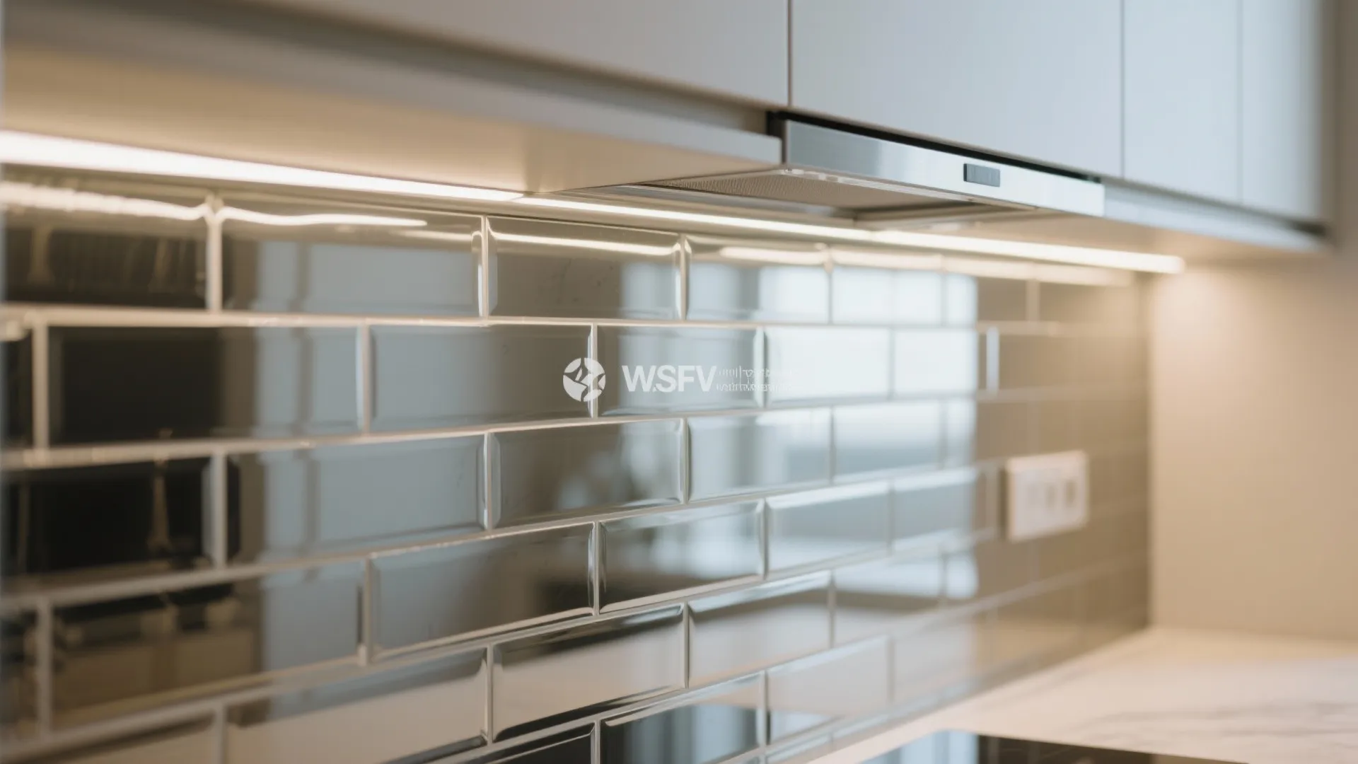 Close up of shiny wall tiles with bright light fixture under the white kitchen cabinet