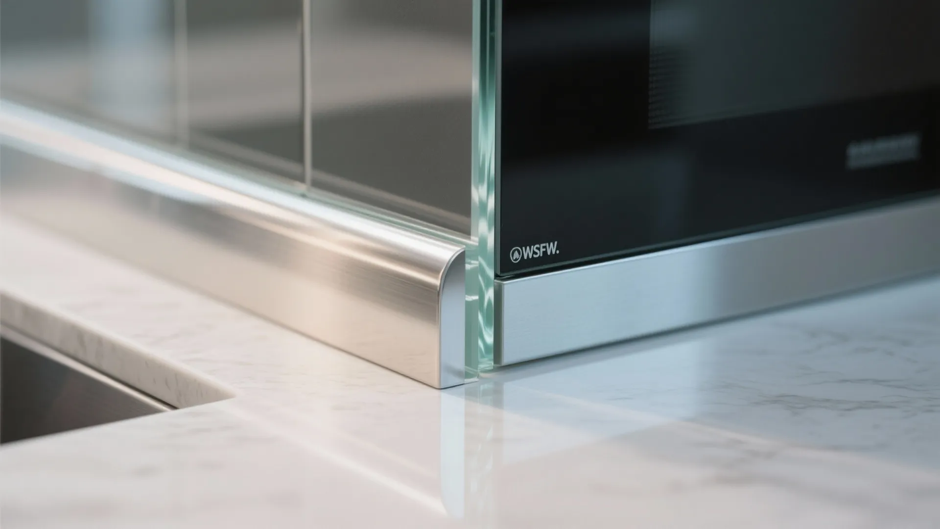 Macro detail of polished edge and smooth surface of a back-painted tempered glass backsplash.