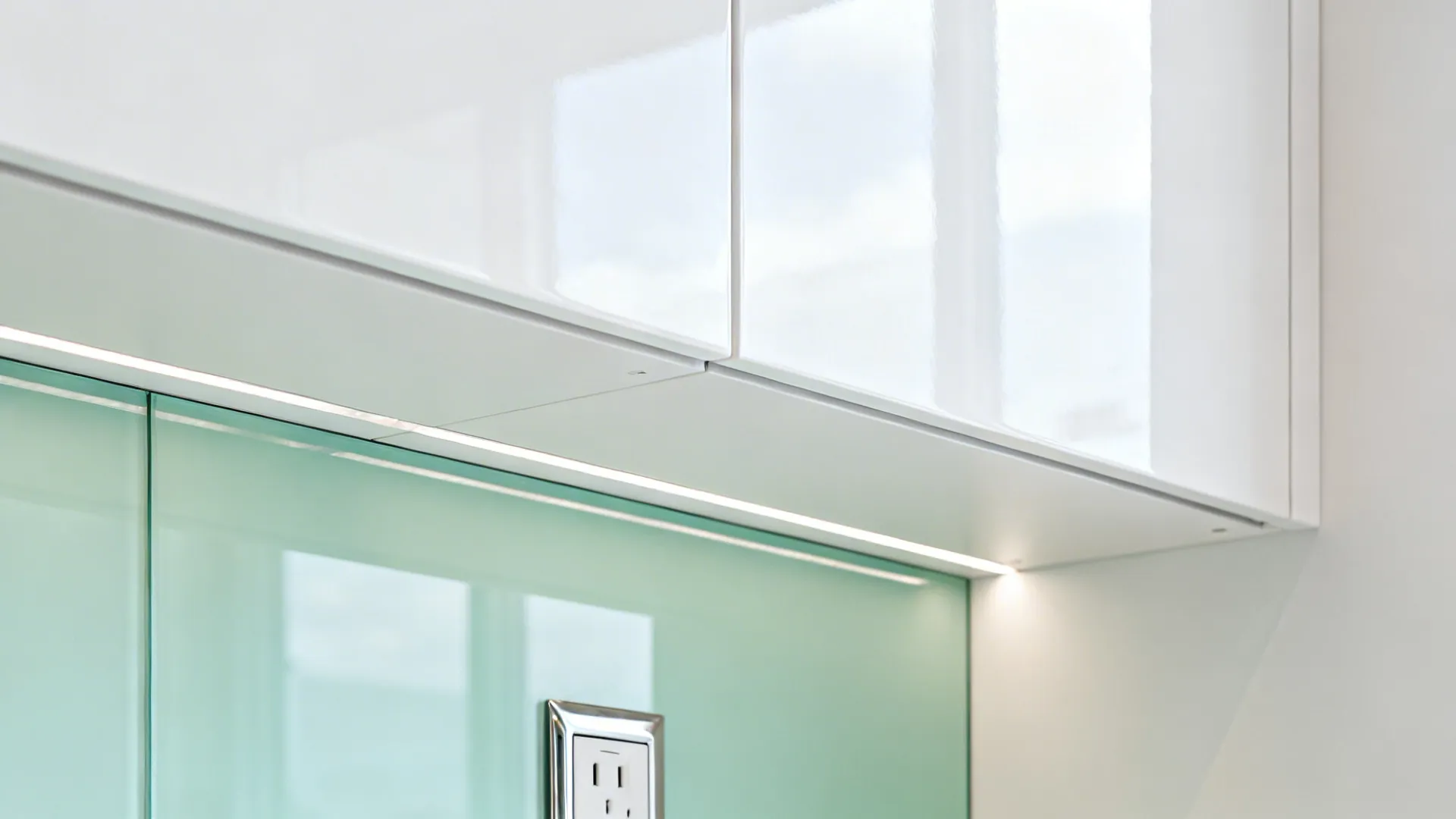 Close-up of mint glass backsplash meeting high gloss white cabinetry with clean reflections.