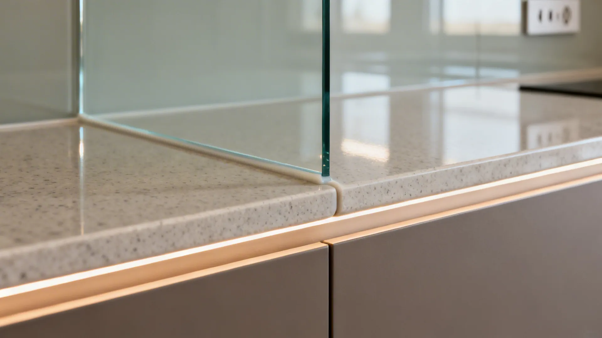 Macro detail of low-iron back-painted glass backsplash meeting a quartz countertop with subtle LED glow.
