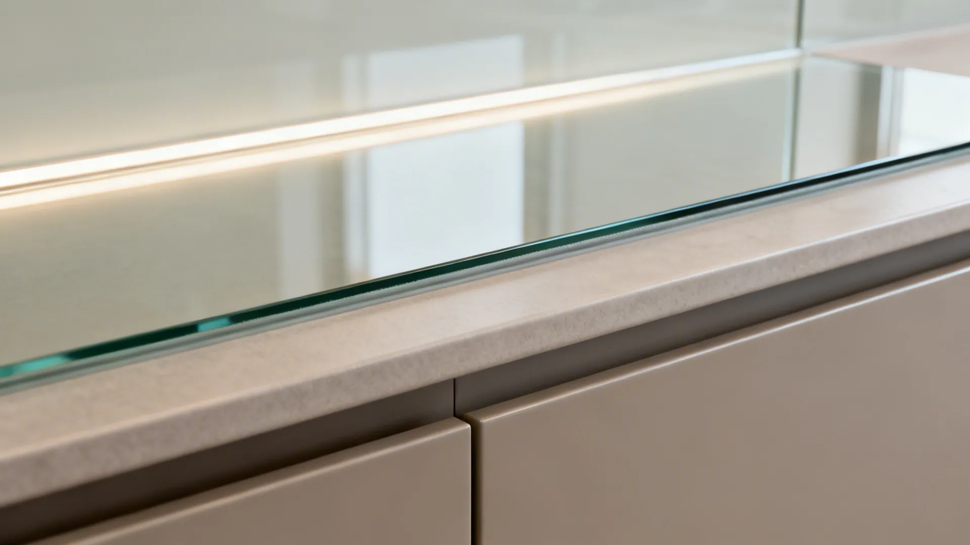 Macro of low-iron glass backsplash edge with silicone seal and soft daylight reflection.