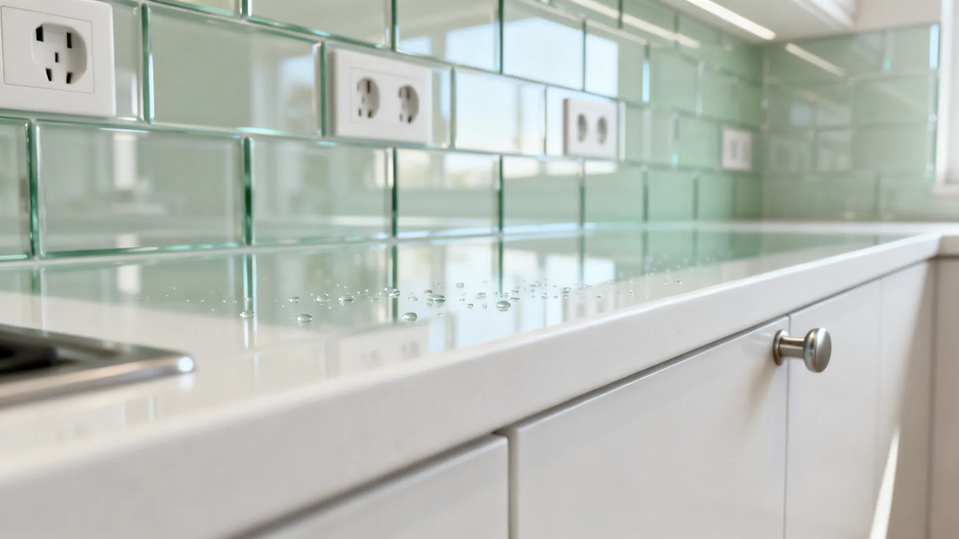 Close up of a light green glass tile backsplash with white countertop and electrical wall outlets