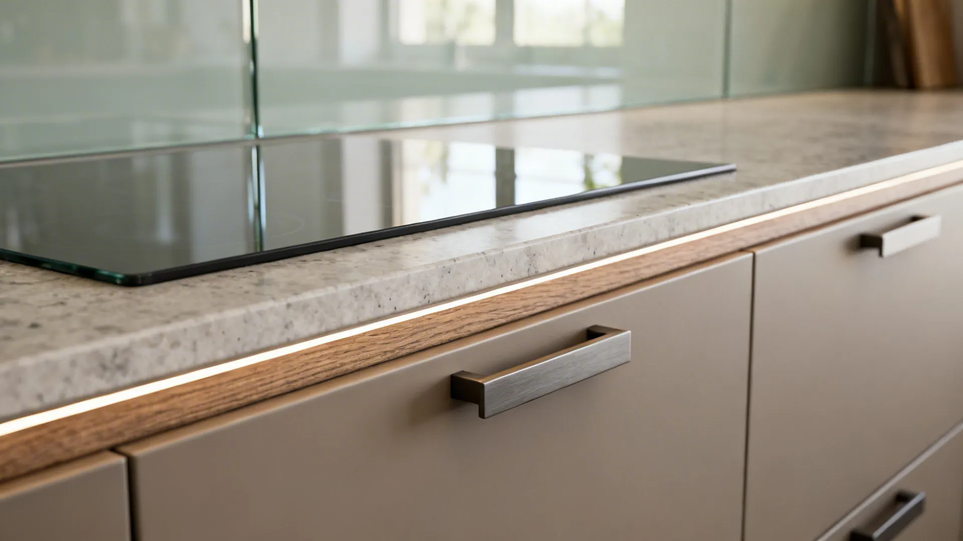 Macro detail of glass backsplash, matte cabinetry, and stone countertop with soft daylight.
