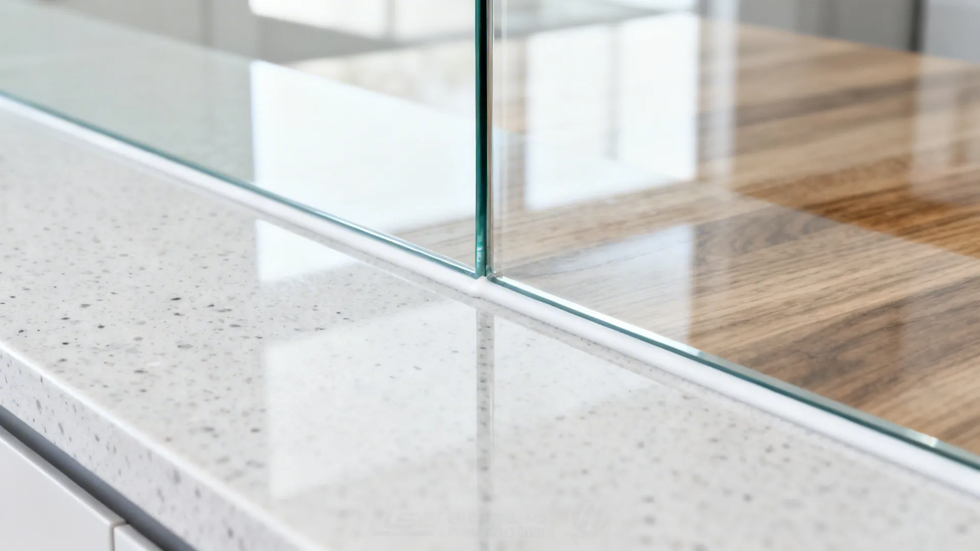 Macro detail of low-iron glass backsplash meeting a quartz countertop under soft daylight.