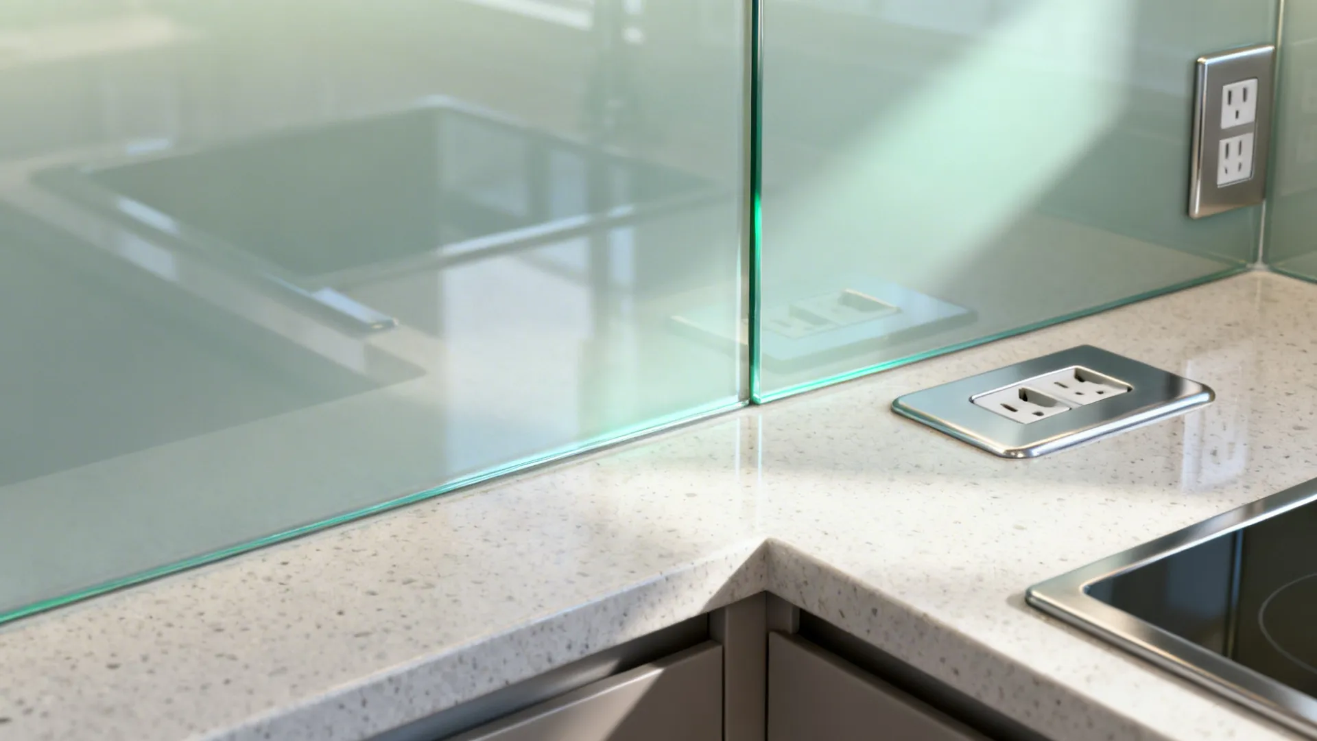 Close up detail of glass wall panel with white stone countertop and silver electrical outlets