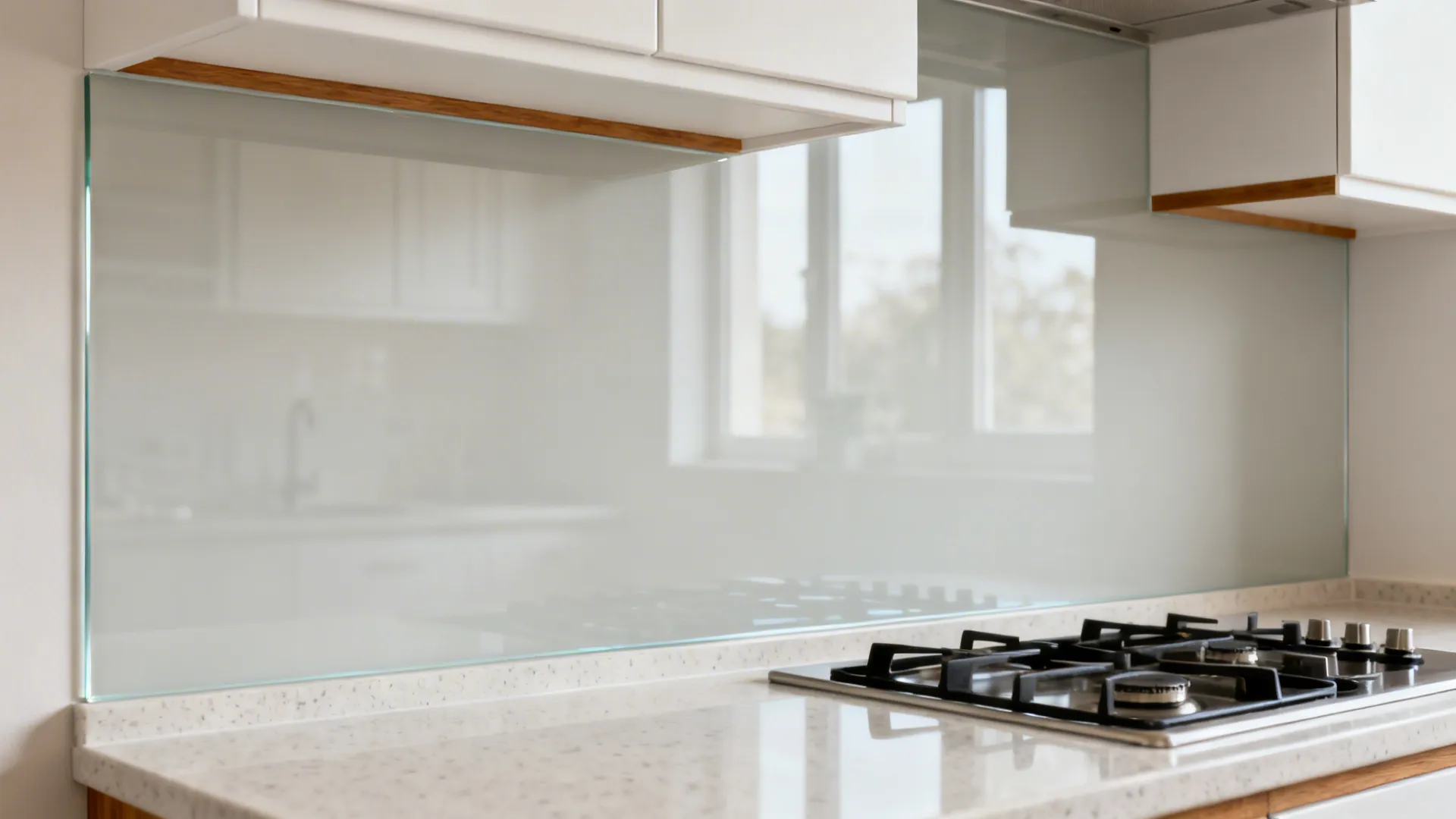 Modern kitchen with white cabinets, light grey glass wall panel, and a black gas stove