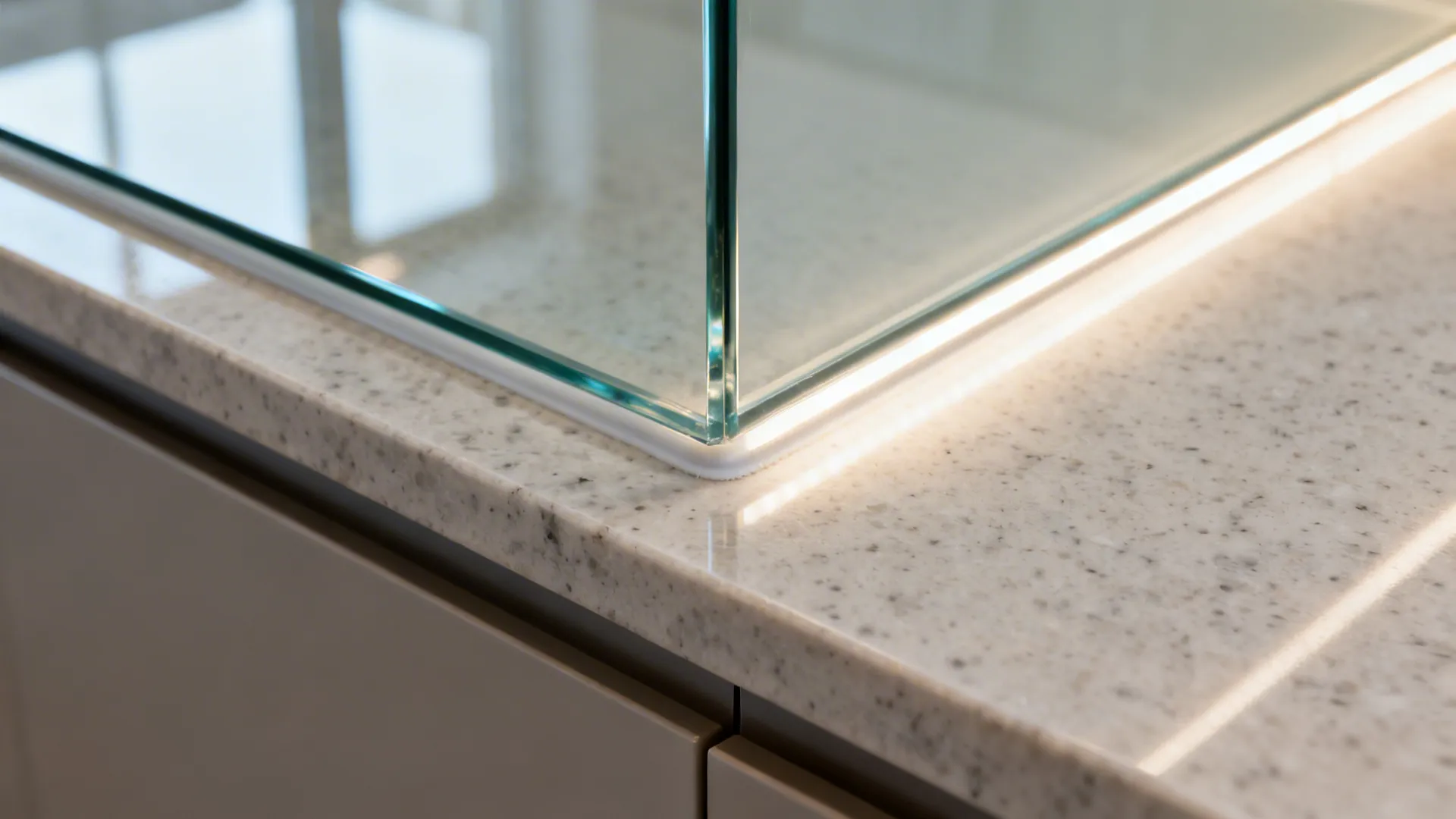 Glass kitchen wall panel meeting a stone countertop with an integrated bright white light strip