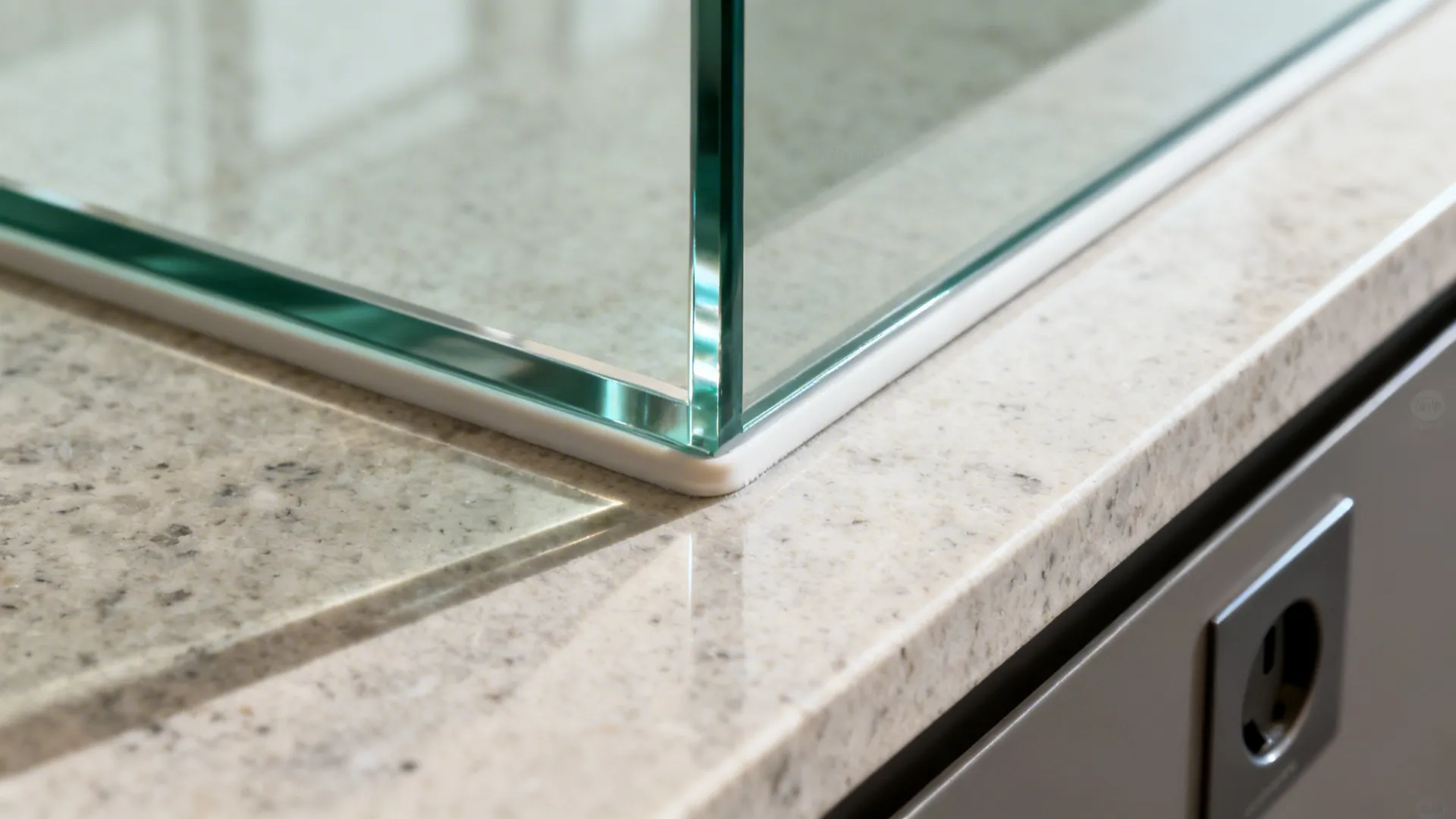 Macro detail of a tempered glass backsplash with polished edge and precise socket cut-out above a pale countertop.