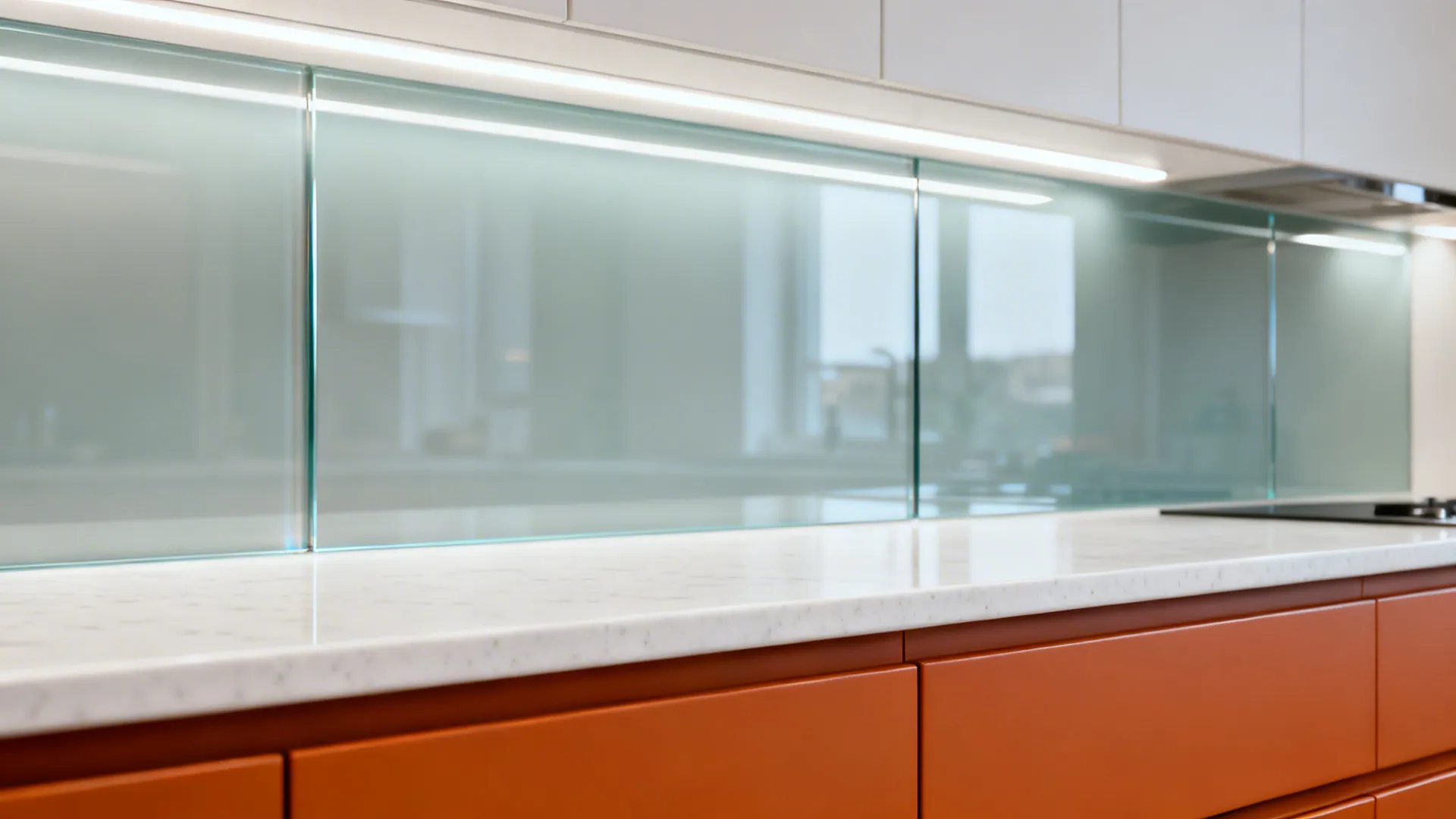 Close-up of low-iron glass backsplash reflecting LED light above matte orange drawers.