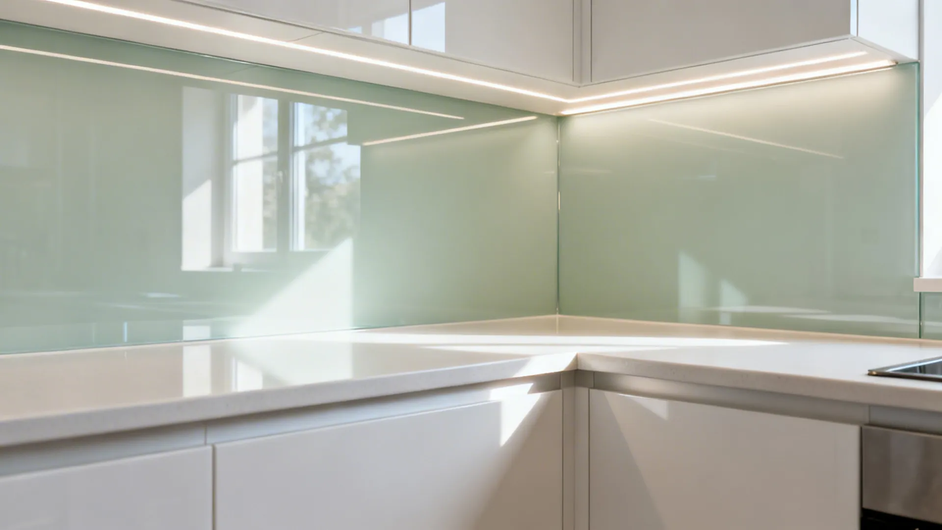 Macro detail of pale sage glass backsplash reflecting soft daylight in a small L kitchen.