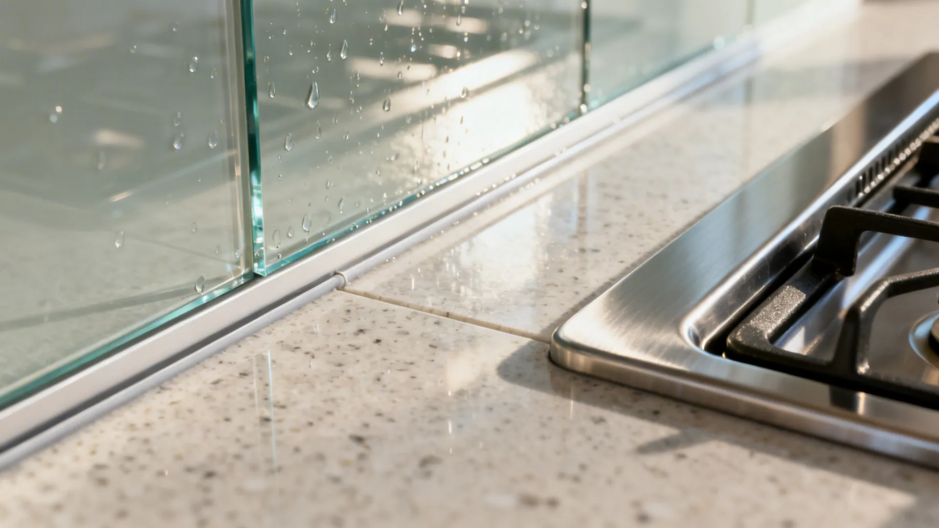 Close-up of a tempered glass backsplash meeting a quartz counter with a slim rail ledge.