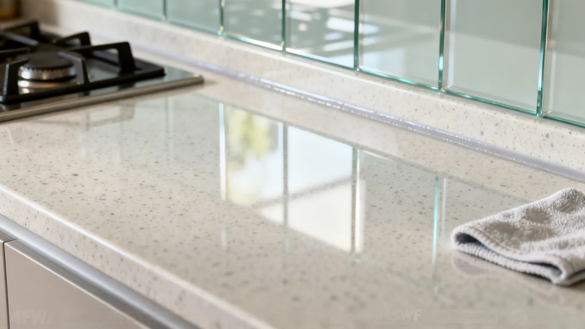 Tempered low-iron glass backsplash reflecting soft daylight above a quartz counter.