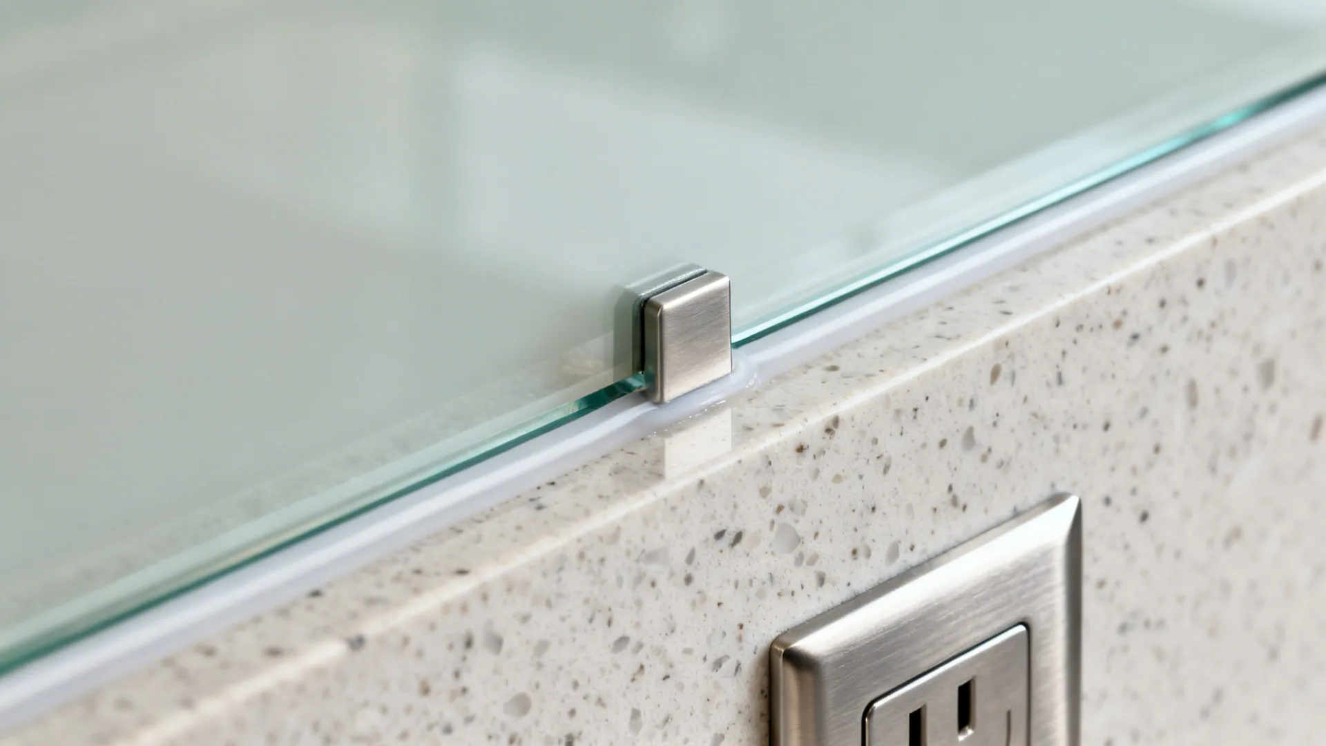 Close up view of glass wall panel meeting speckled stone kitchen counter with metal clip