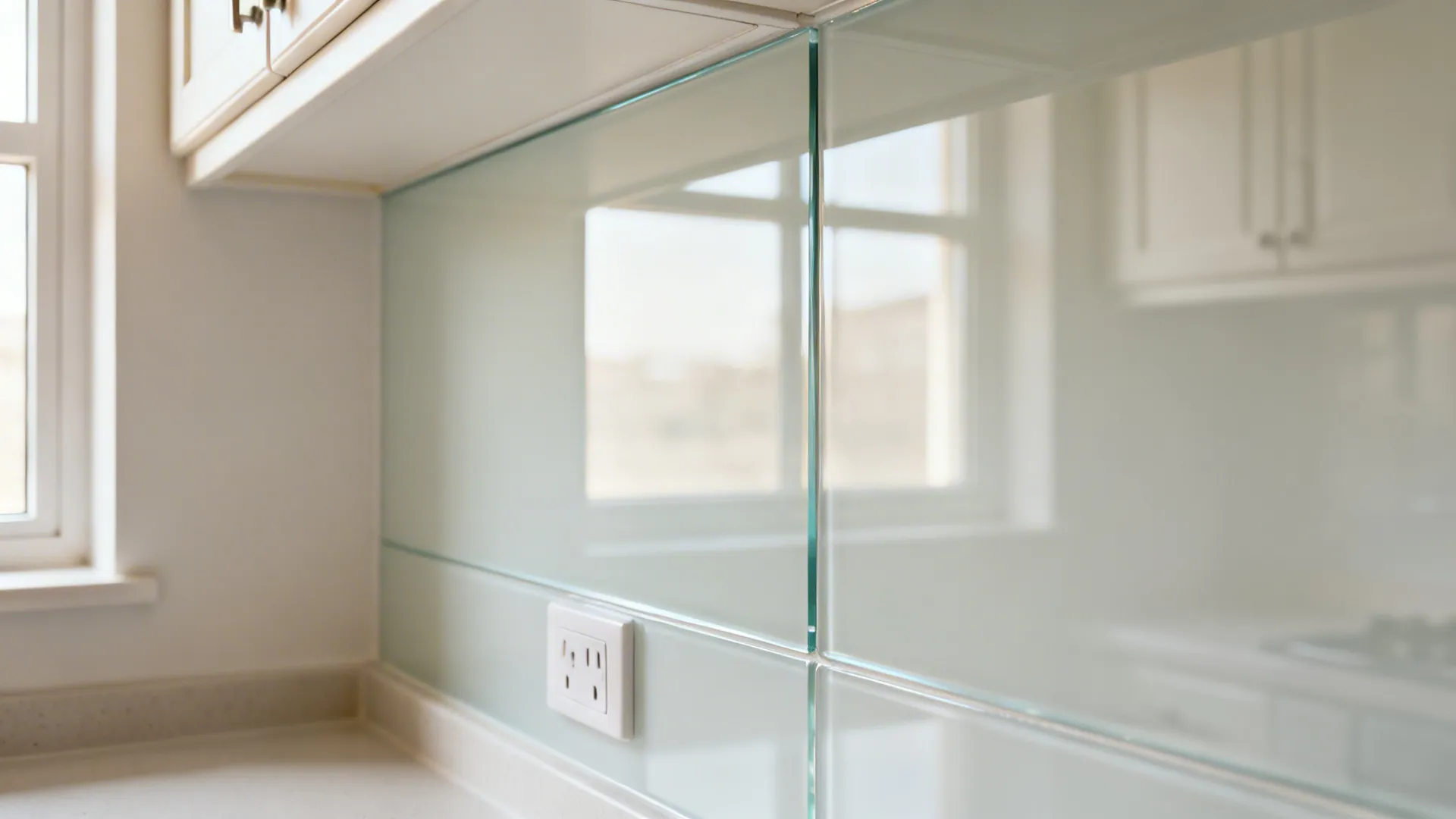 Macro detail of a low-iron back-painted glass backsplash with clean edges and soft reflections.