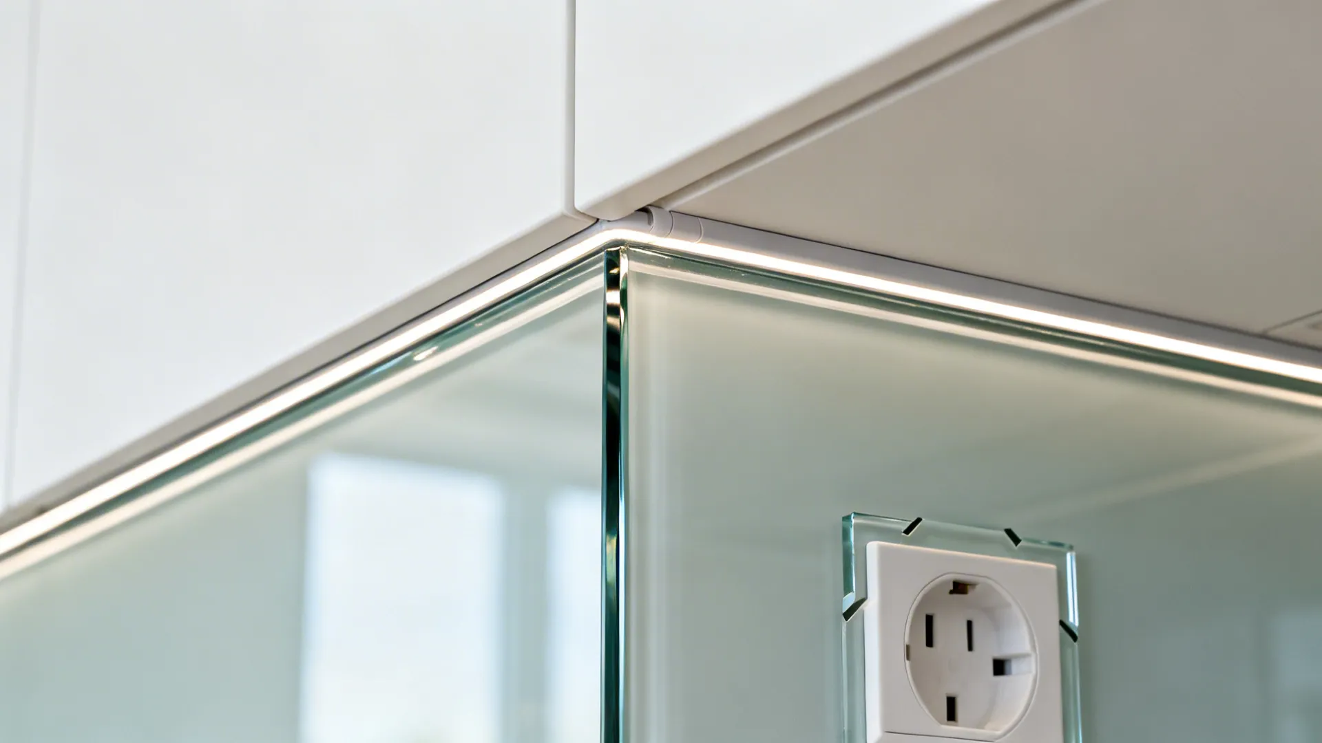 Close-up of a glass backsplash aligned to the underside of upper cabinets with precise cutouts.