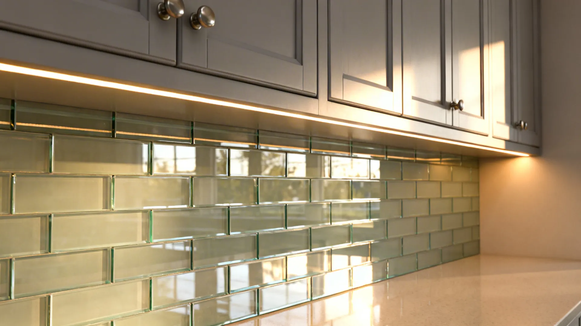 Low-iron glass backsplash reflecting warm undercabinet light above semi-gloss lower cabinets.