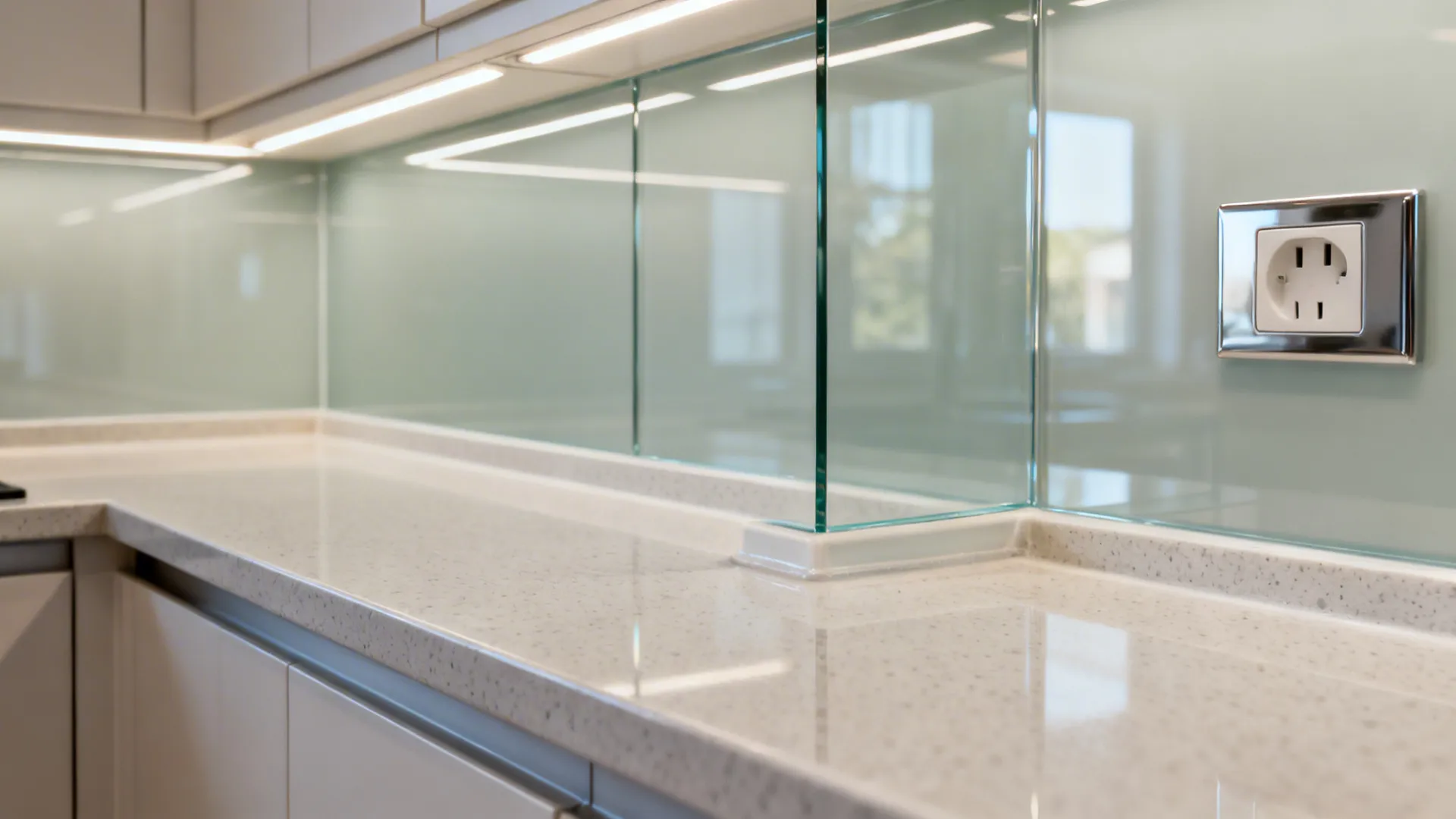 Macro detail of a low-iron glass backsplash with clean edge over quartz and soft reflected light.