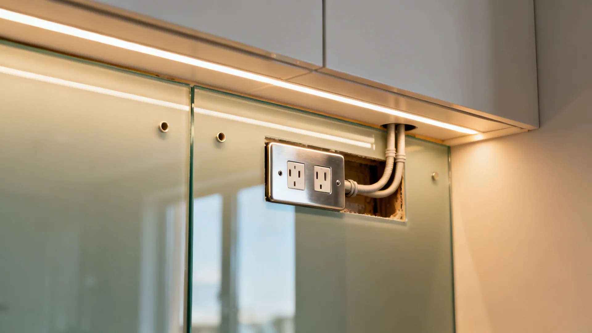 Macro of a tempered glass backsplash with a cleanly drilled outlet and concealed conduit.