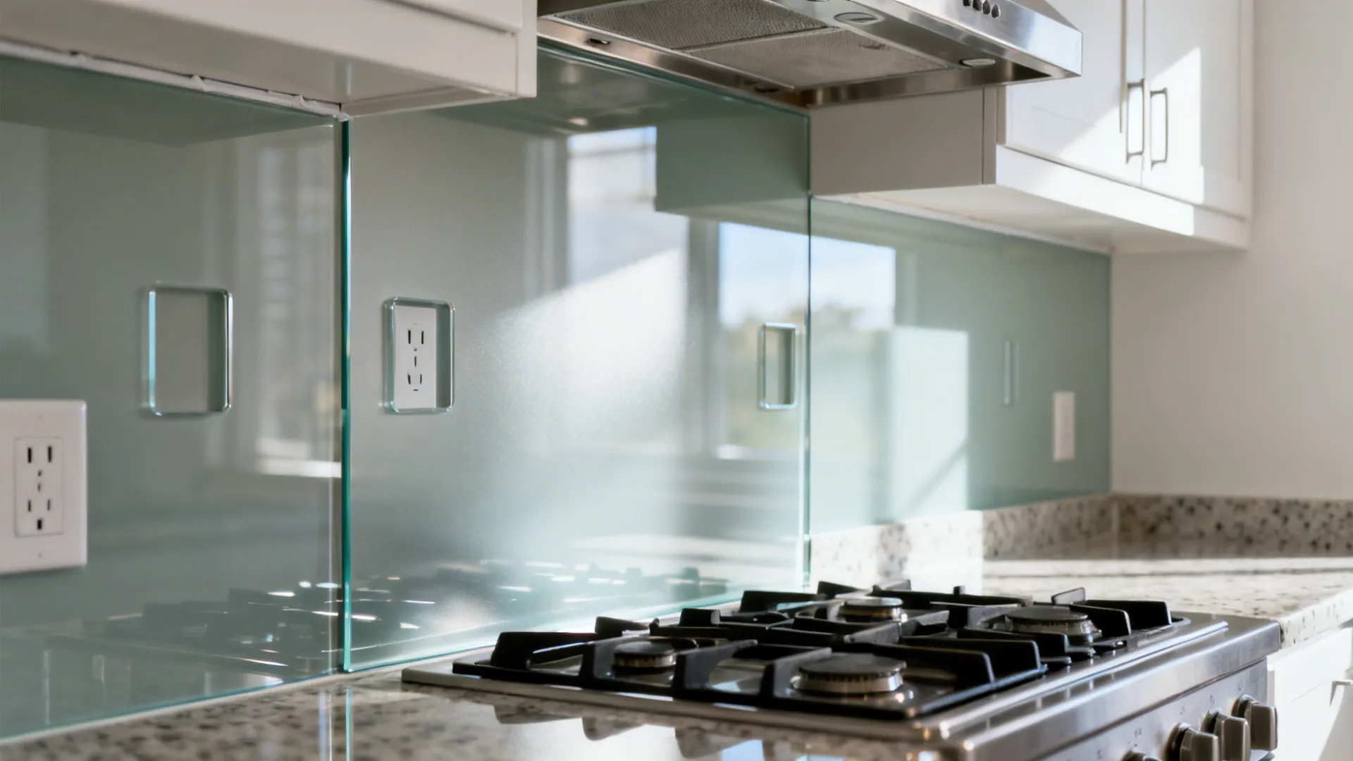 Macro of low-iron back-painted glass backsplash with precise outlet cutouts and clean sealant lines.