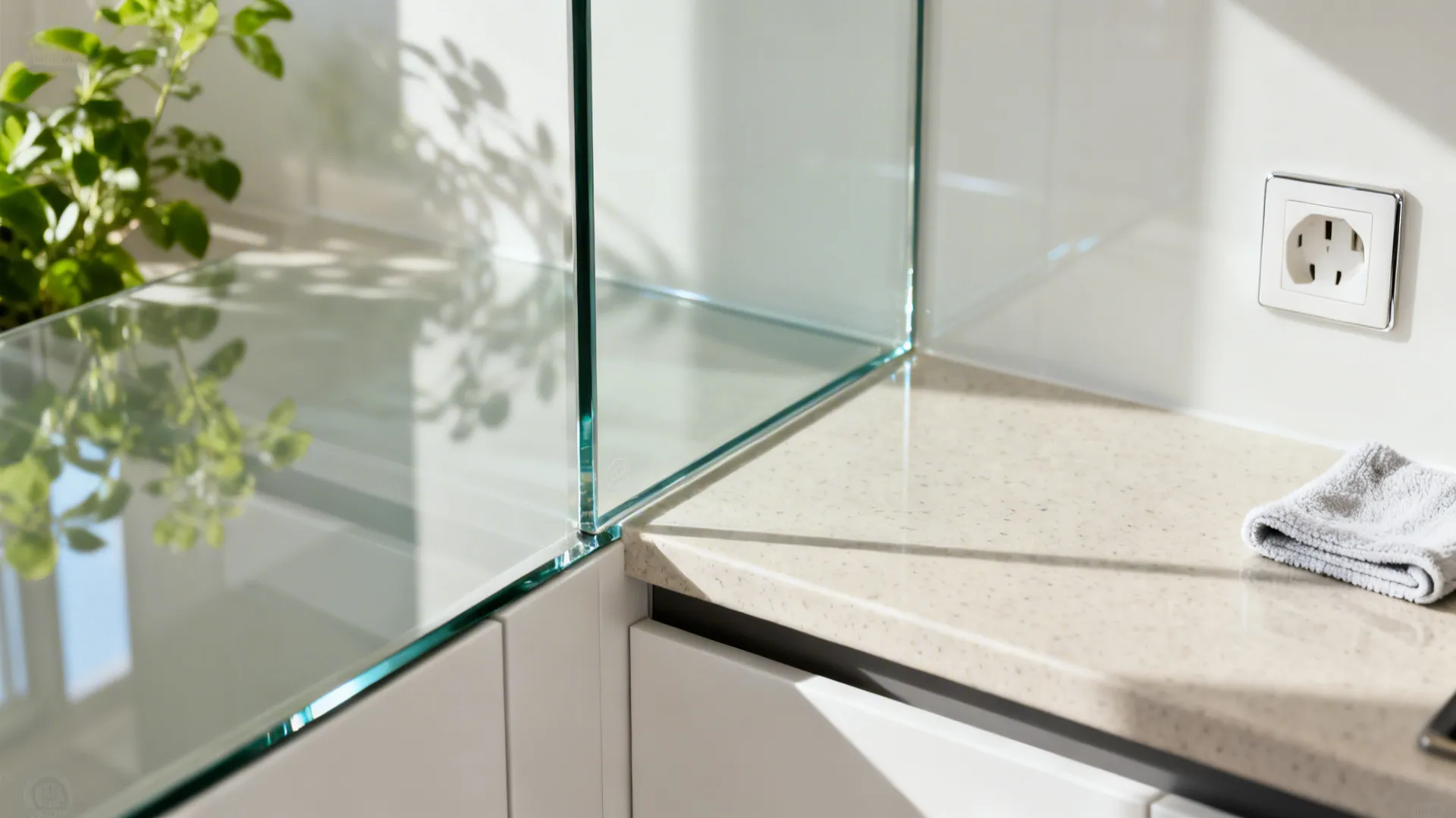 Glass backsplash for openness and easy cleanup