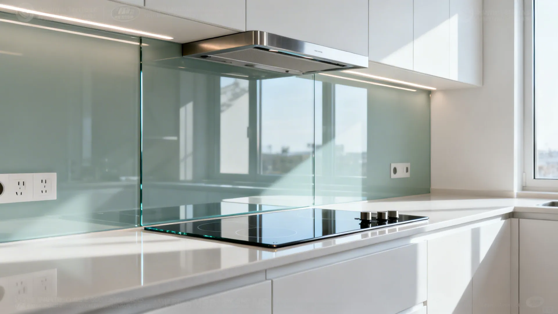 Close up of a black glass stove top with white countertop and reflective glass wall panel