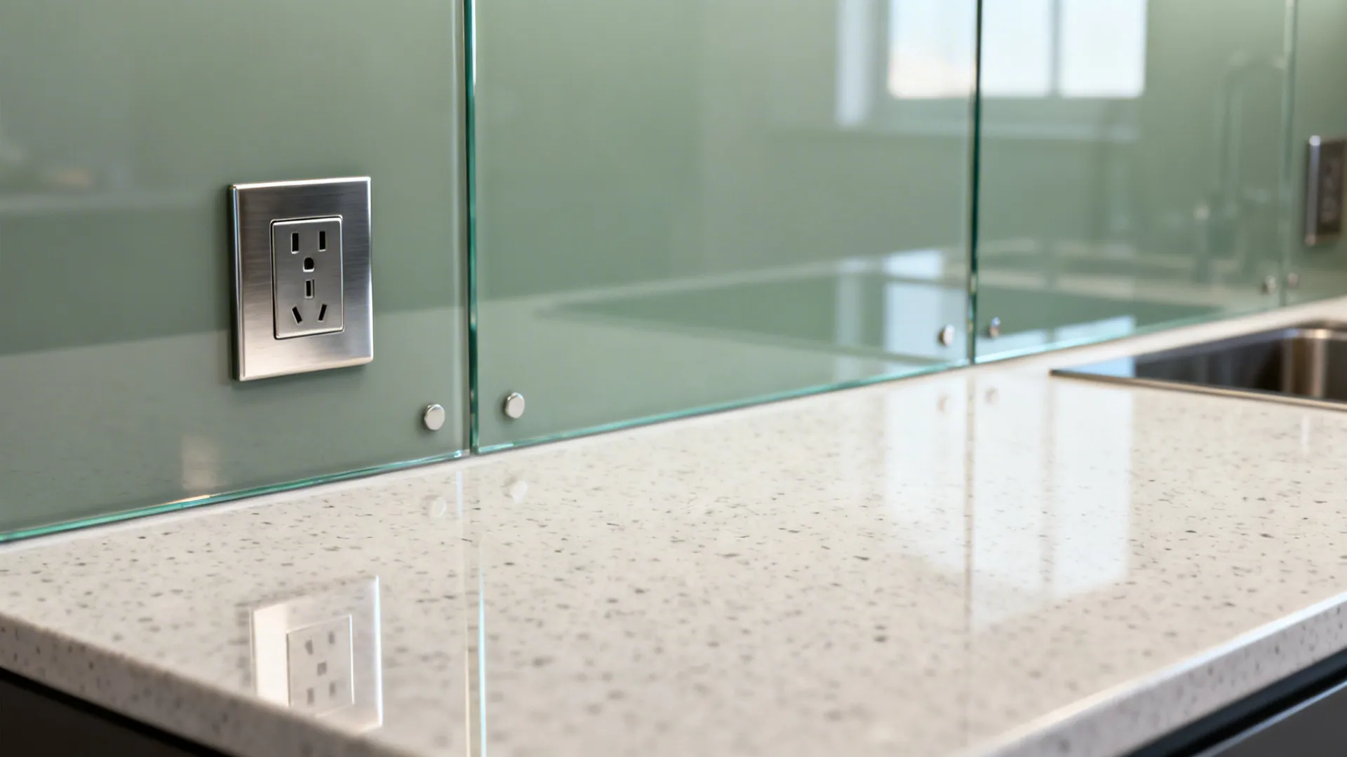 Modern kitchen with green glass wall panels white stone countertop and a silver power outlet