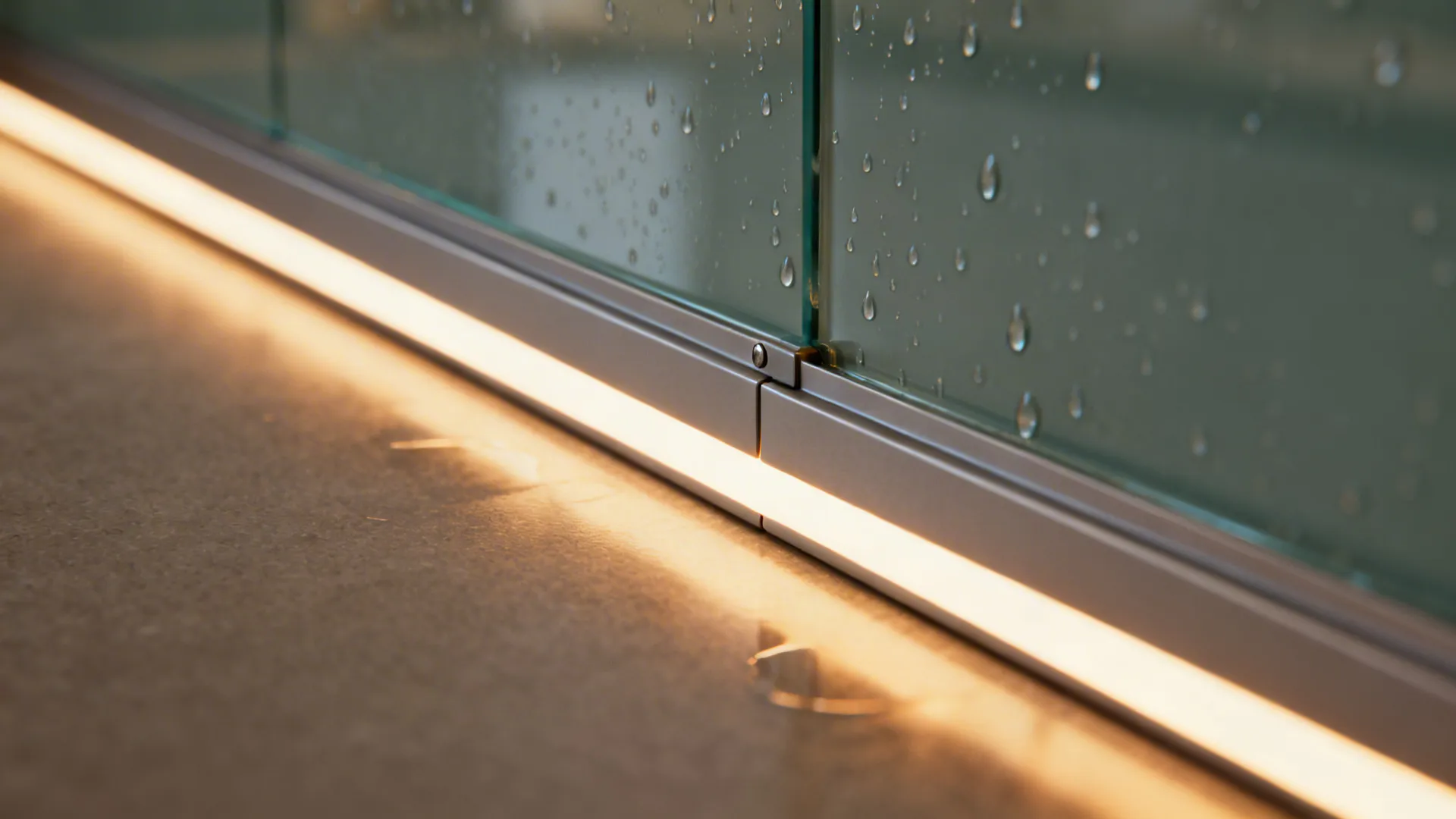 Macro detail of tempered back-painted glass backsplash with concealed fastener and protective edge trim above a matte counter.