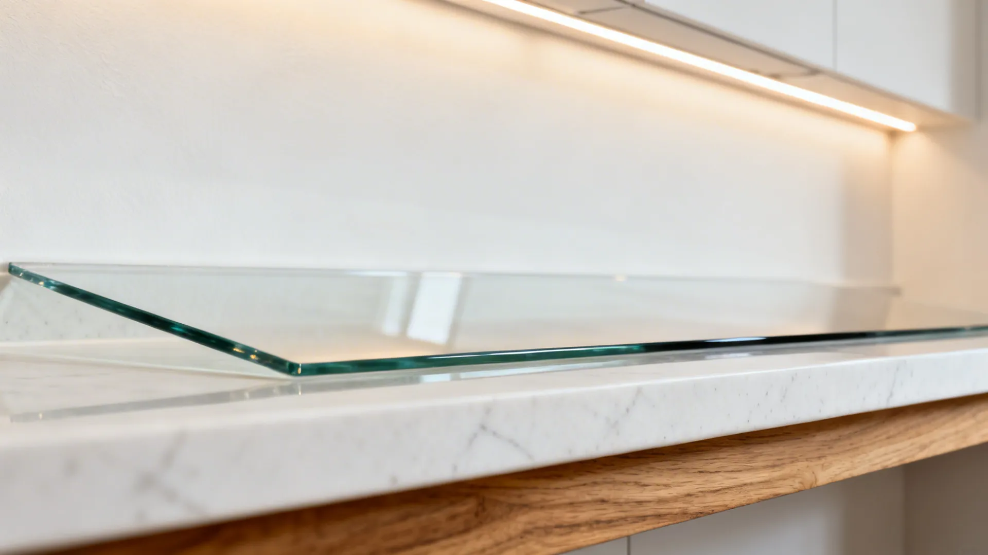 Close-up of a low-iron glass backsplash reflecting light above a white quartz countertop and oak trim.
