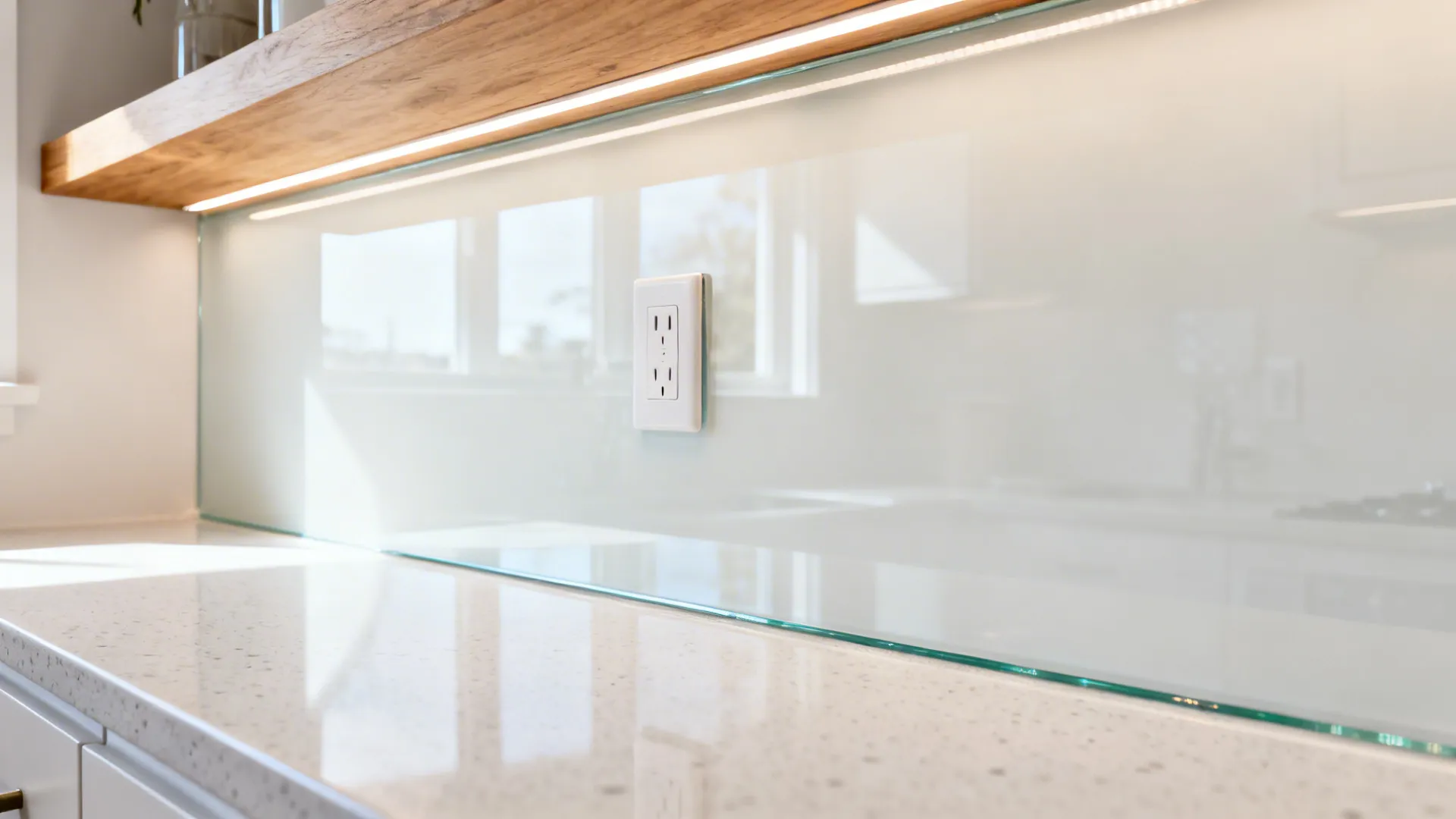 Macro view of a low-iron glass backsplash reflecting under-cabinet LEDs in a small kitchen.