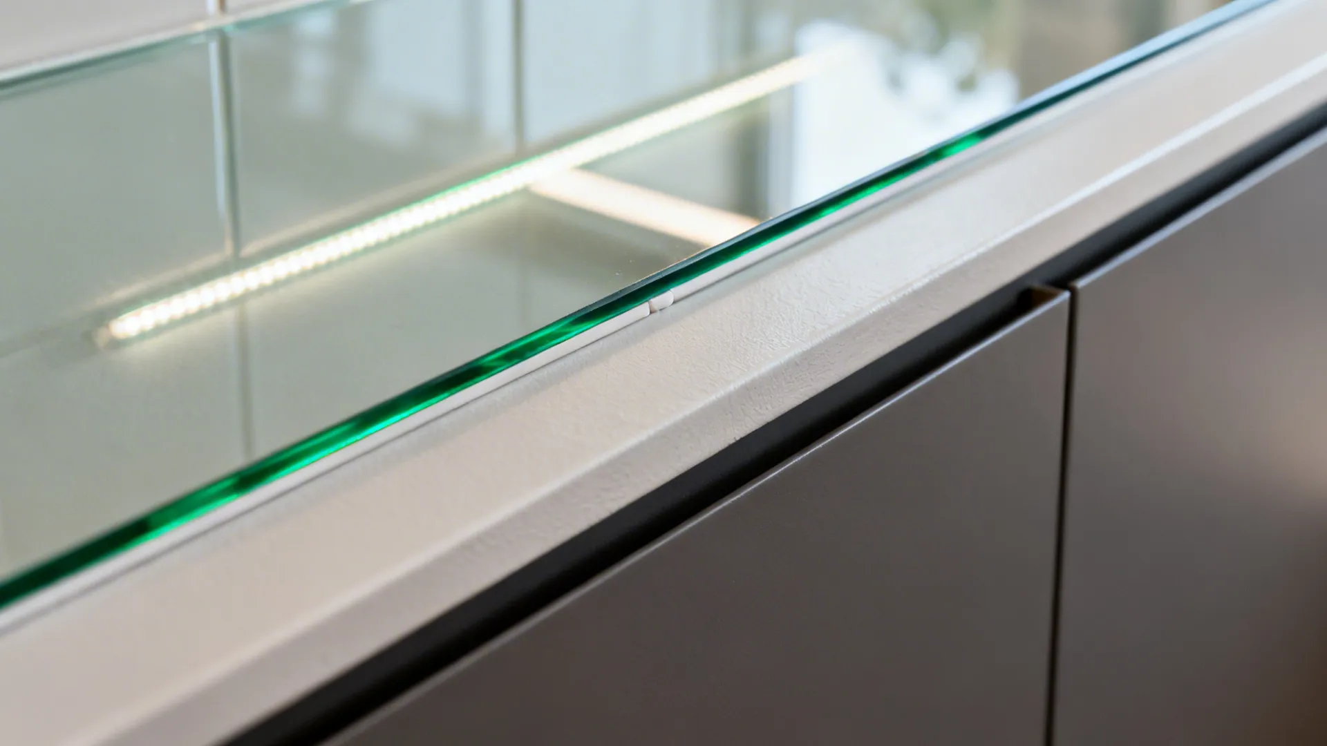 Close-up of a low-iron glass backsplash with clean silicone spacing and soft LED reflection.