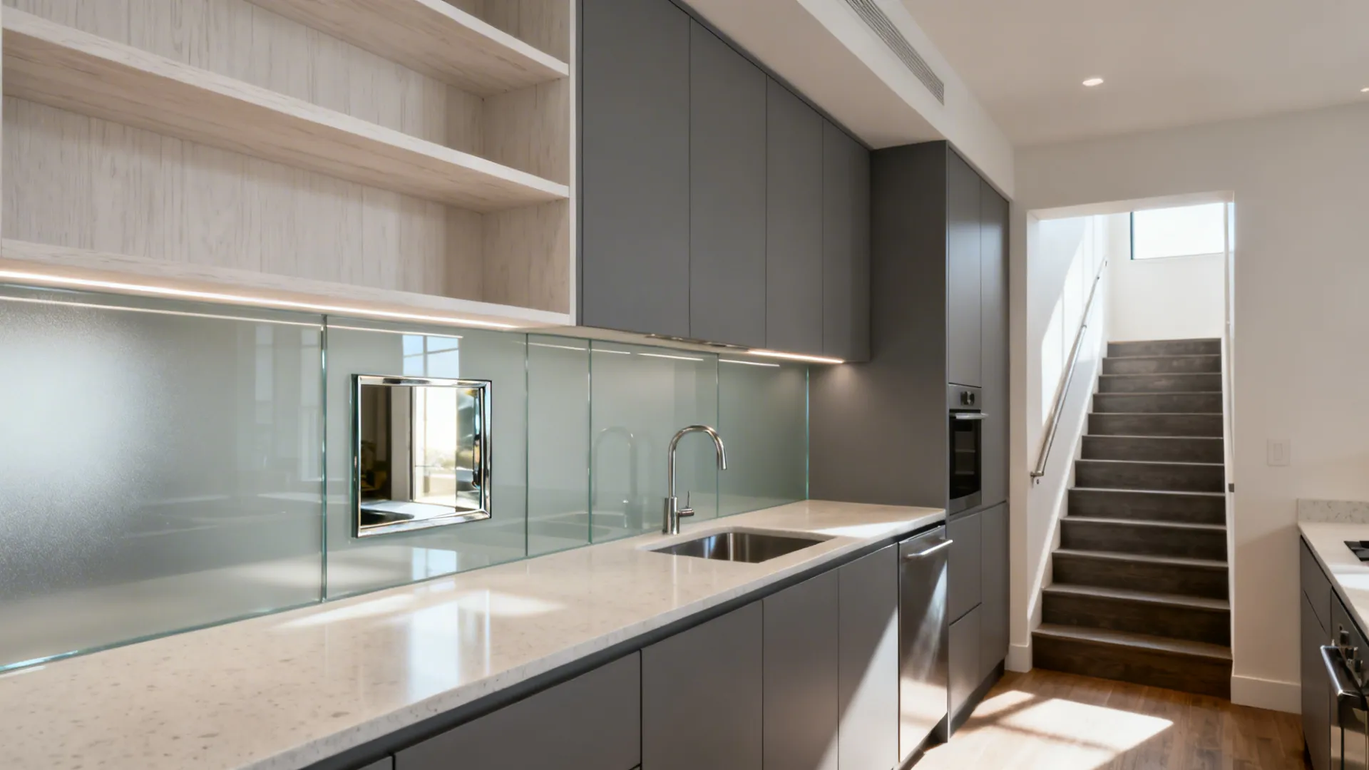 Glass Backsplash for Light Transfer Between Levels