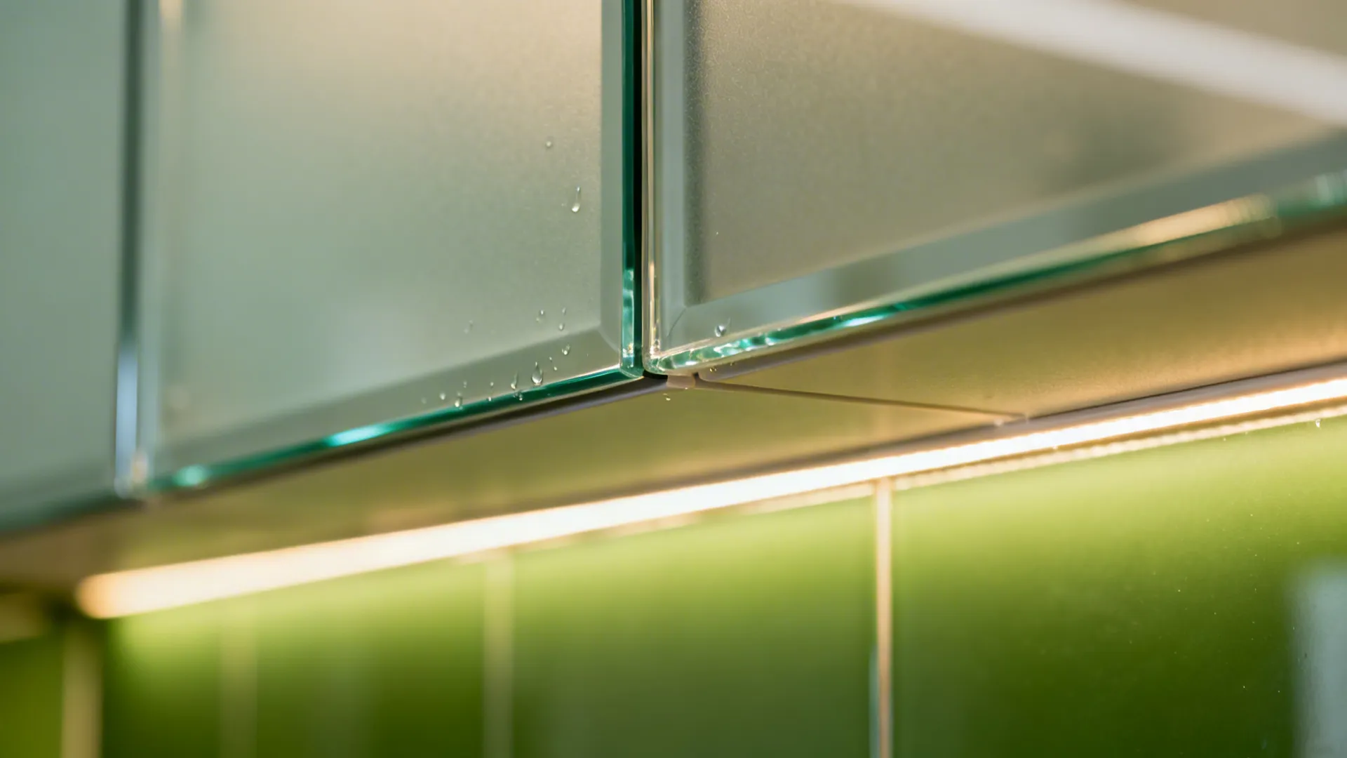 Close-up of low-iron tempered glass backsplash with clear silicone seal and LED glow.