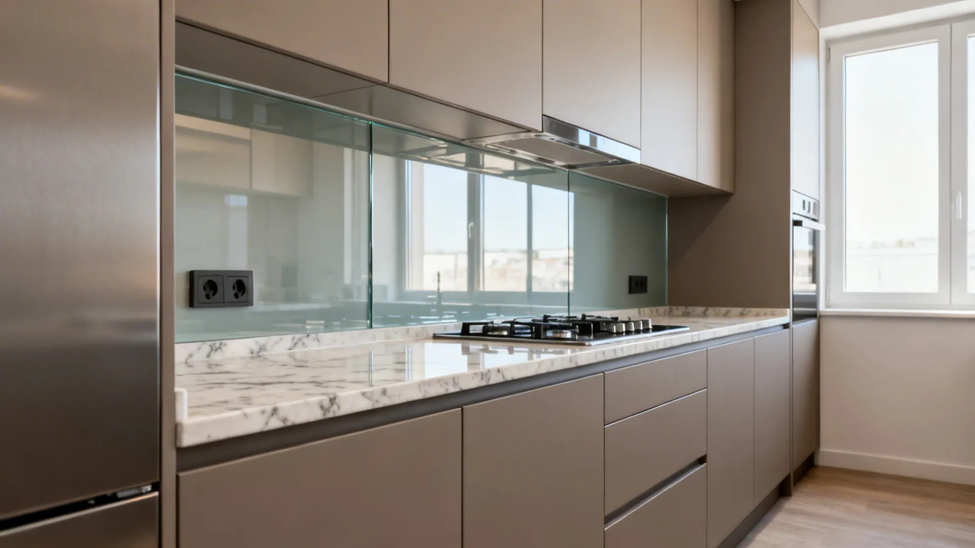 Modern kitchen with brown cabinets marble countertop glass backsplash gas stove and a bright window