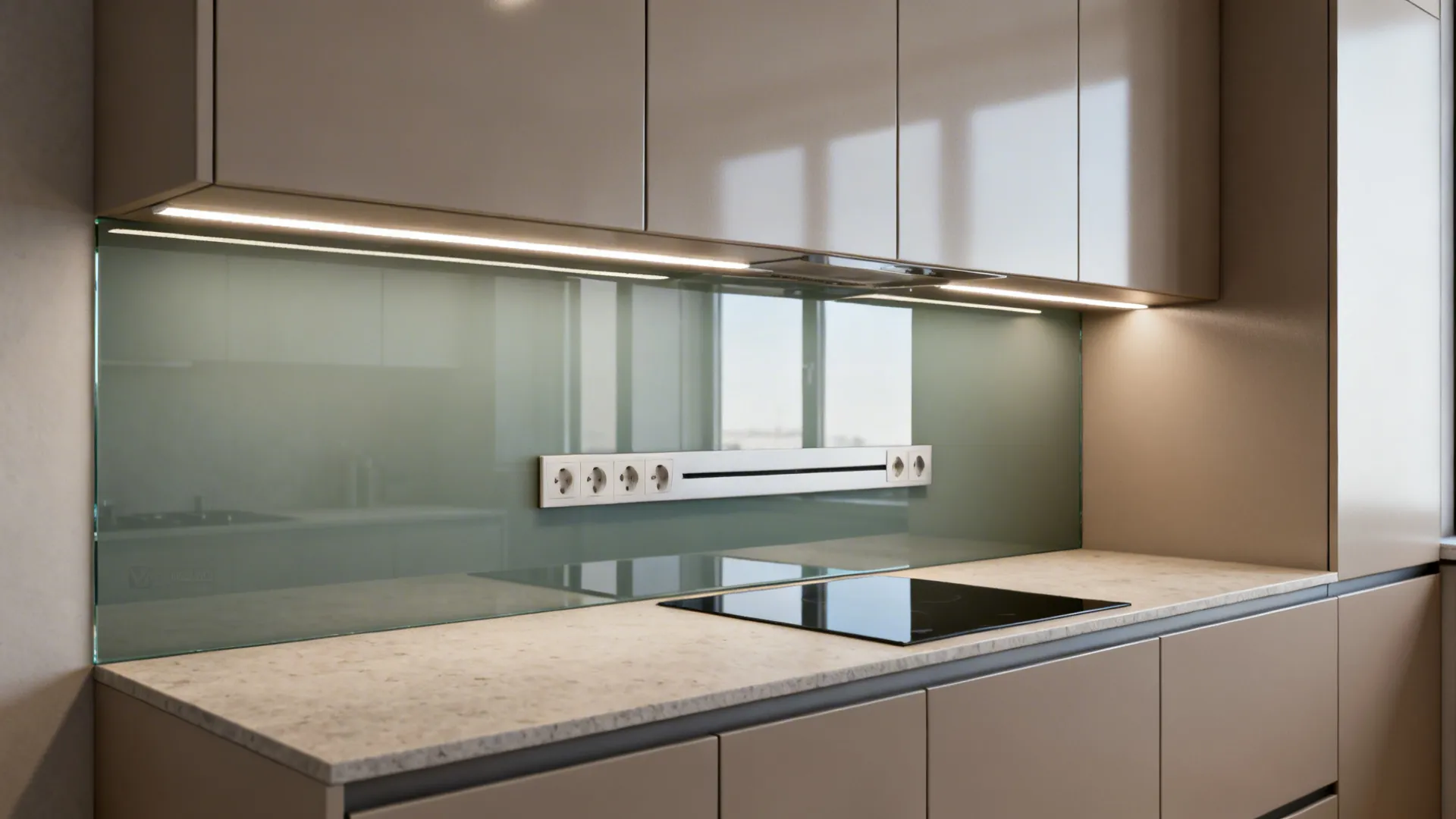 Compact kitchen elevation with low-iron tempered glass backsplash reflecting soft daylight and LED task lighting.