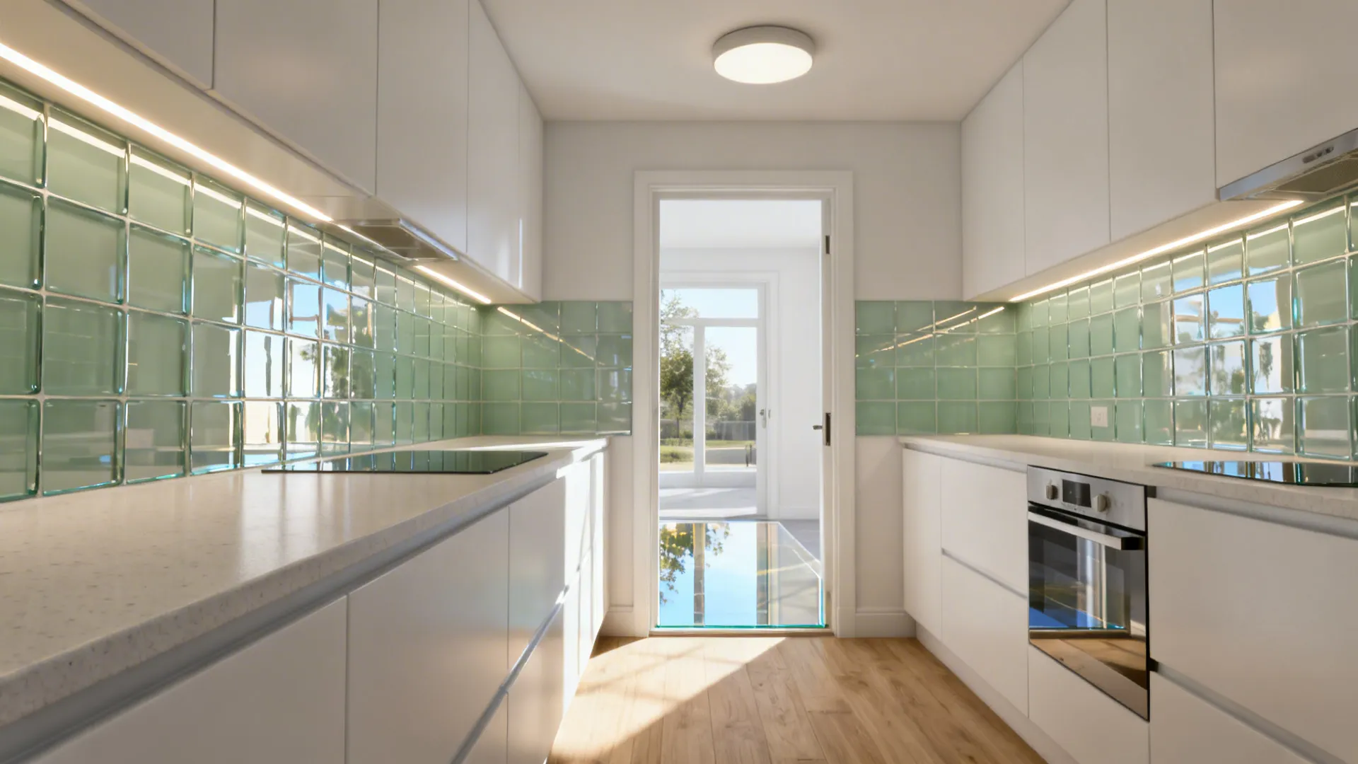 Kitchen entry with low-iron glass backsplash reflecting soft daylight and layered lighting.