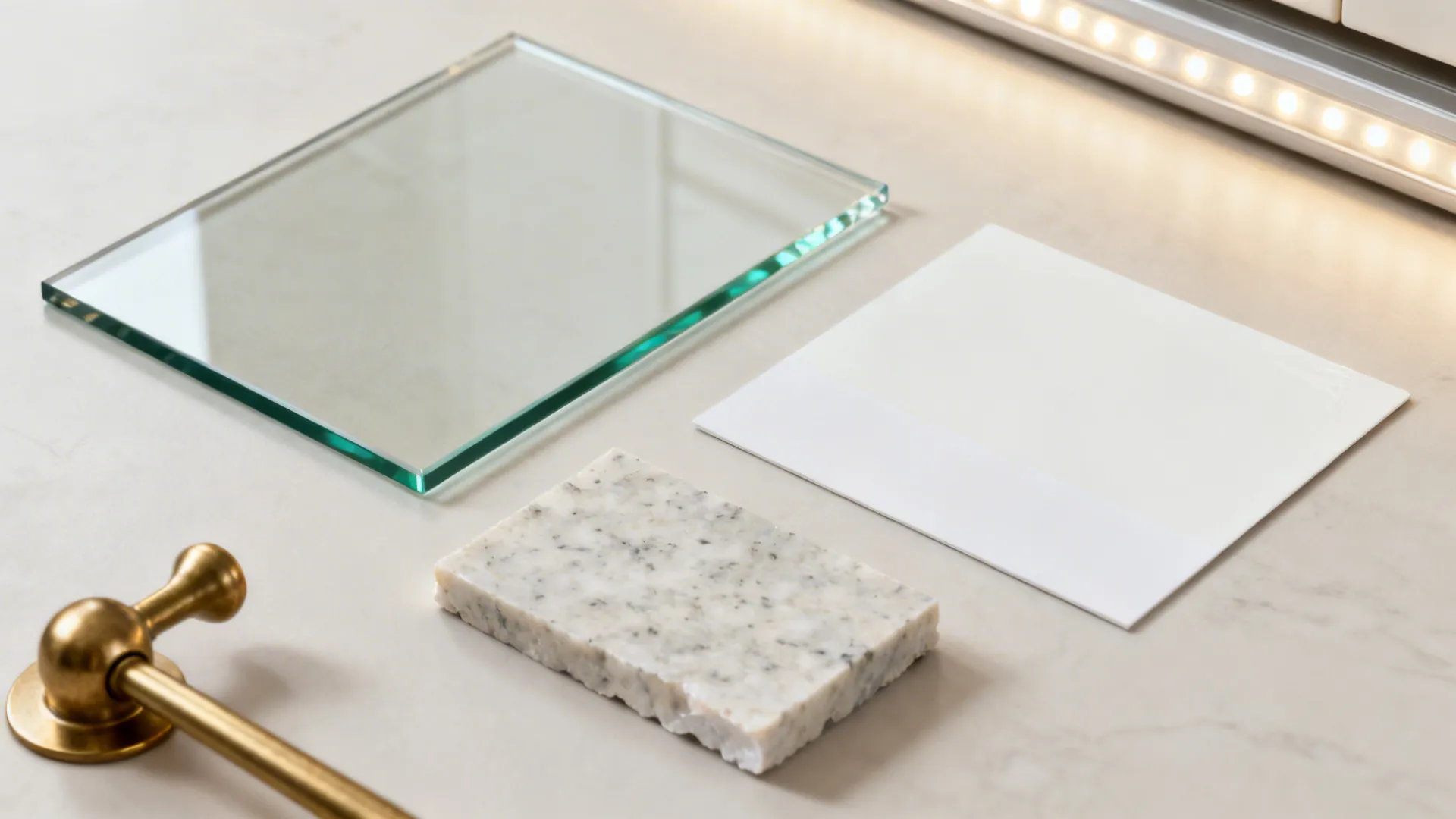 Flatlay of low-iron glass backsplash sample with warm white paint, quartz, brass hardware, and LED strip.