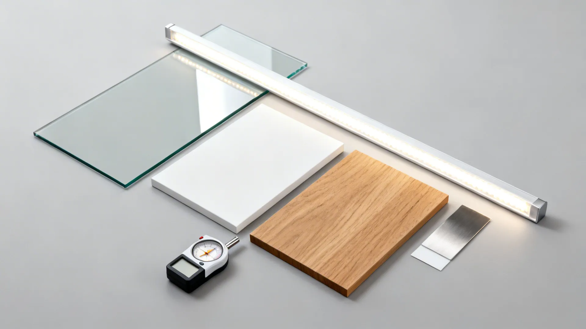 Flat lay of low-iron pale gray glass, matte white lacquer, oak veneer, and brushed nickel with LED diffuser.