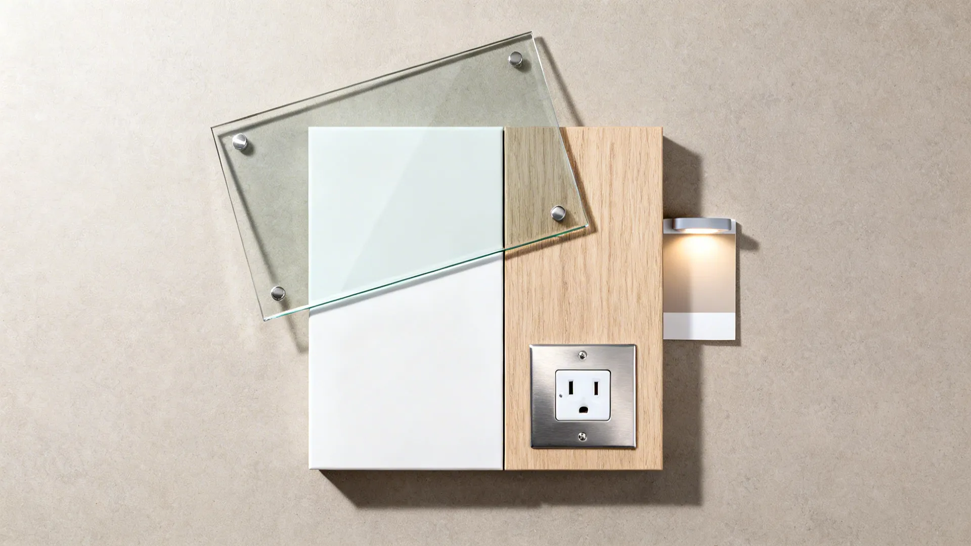 Flatlay of glass backsplash, matte white front, light oak veneer, and stainless outlet plate.