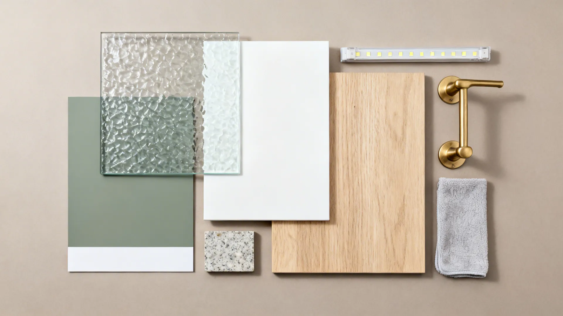 Top-down flatlay of glass backsplash sample, paint swatch, laminates, quartz, and brass hardware.