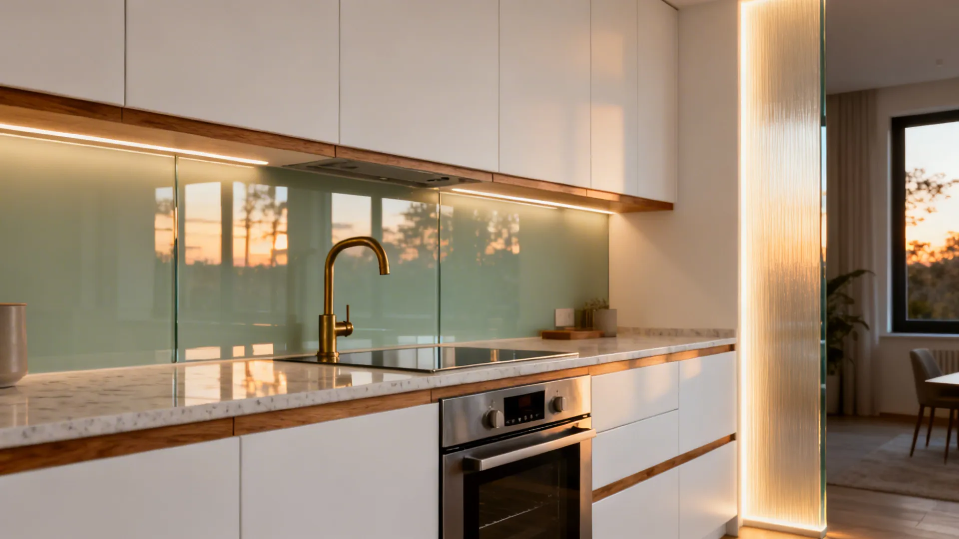 Back-painted glass backsplash reflecting task lights in a Fairfax townhouse kitchen.