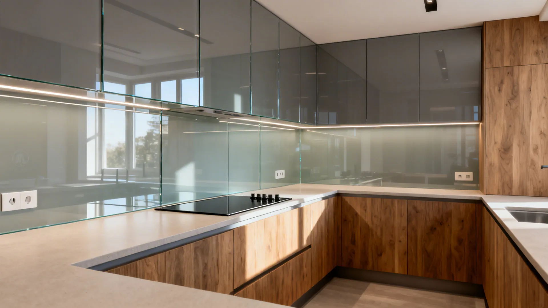 G-shaped kitchen with a low-iron glass backsplash reflecting daylight for a brighter space.