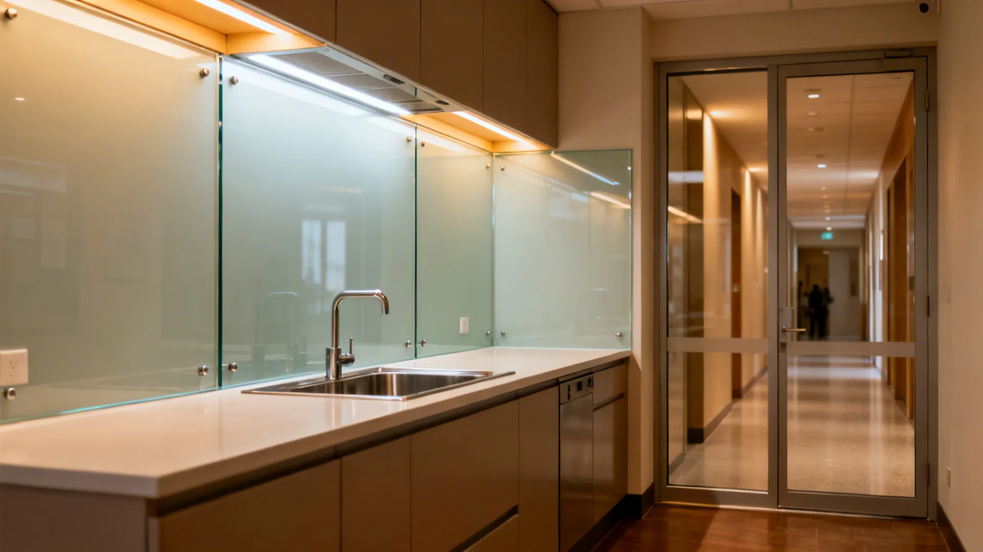 Public kitchen with tempered back-painted glass backsplash and partial hall glazing, warm layered lighting, and matte counters.