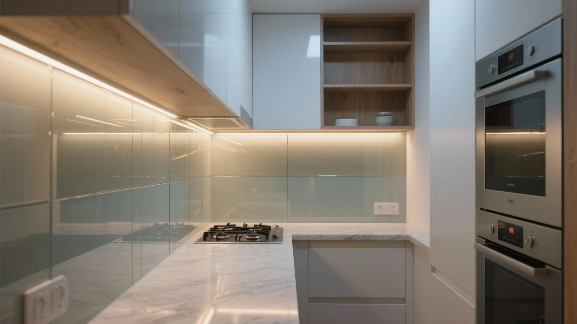 Glass backsplash for light and depth