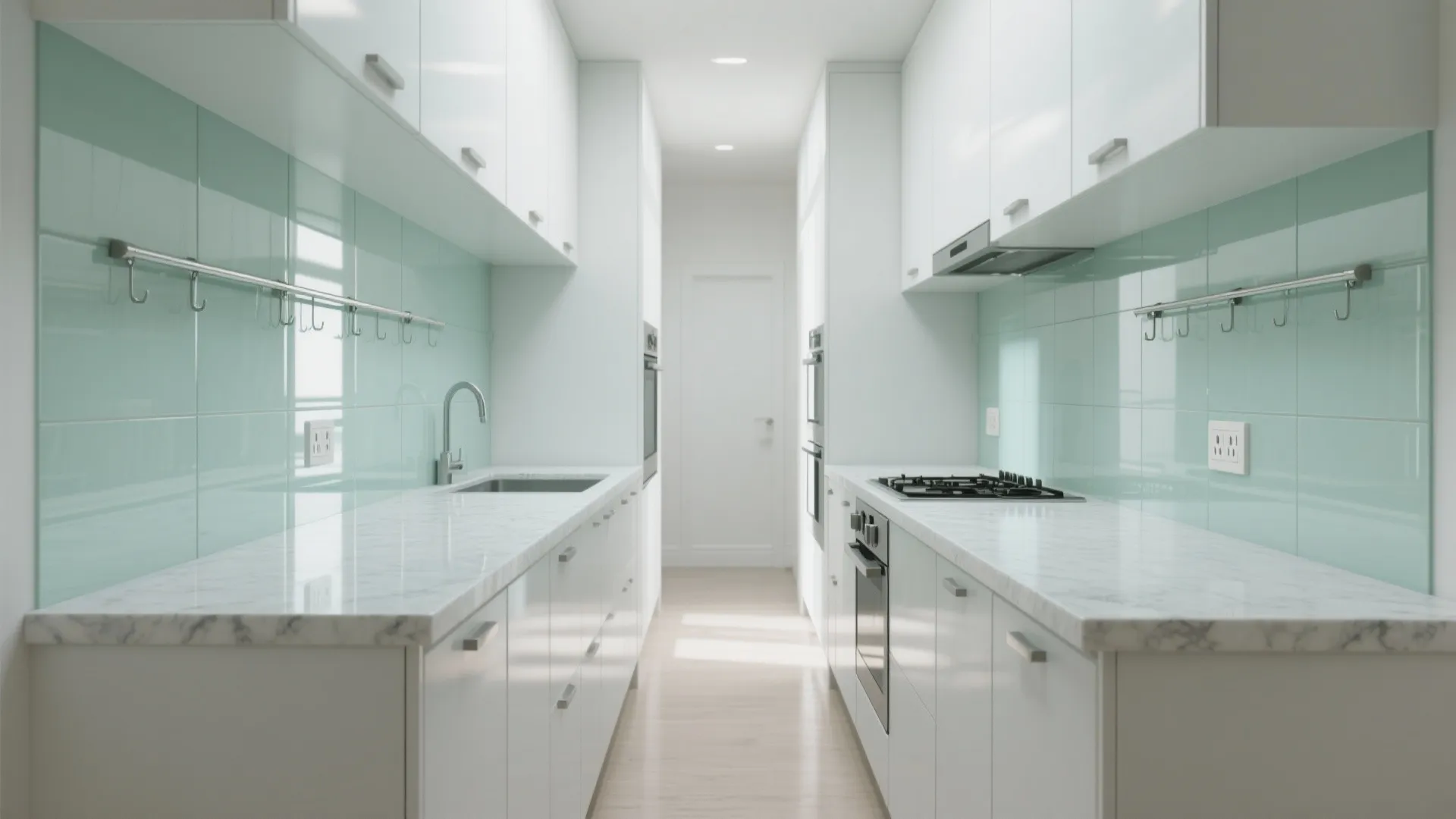 Glass backsplash for a brighter galley