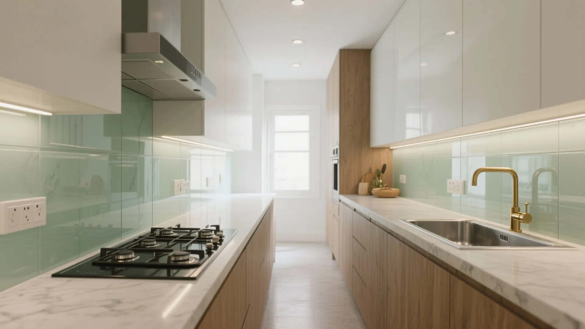 Glass backsplash to open up the galley