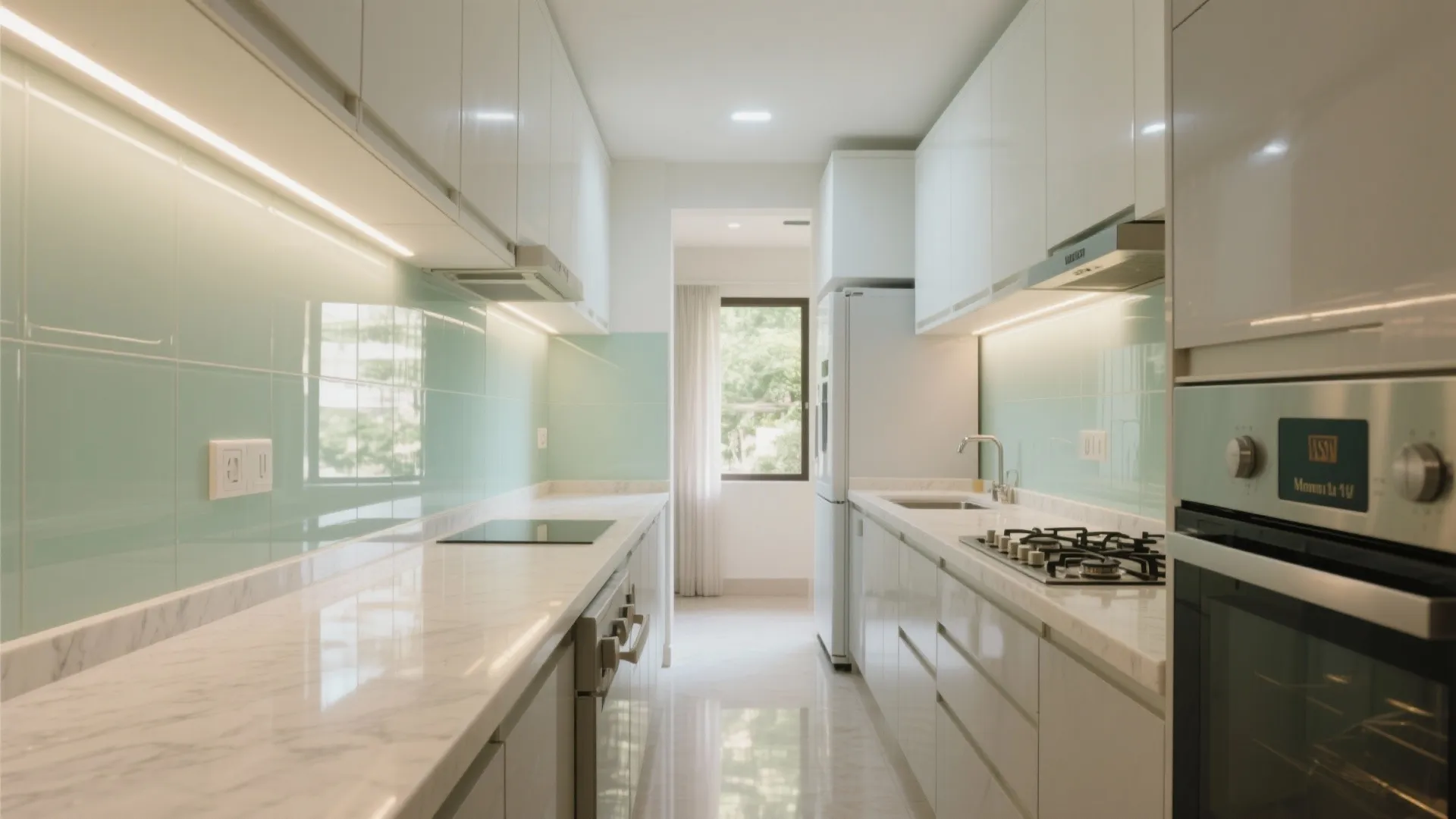 Modern galley kitchen with white marble countertops light green glass backsplash and white wooden storage cabinets