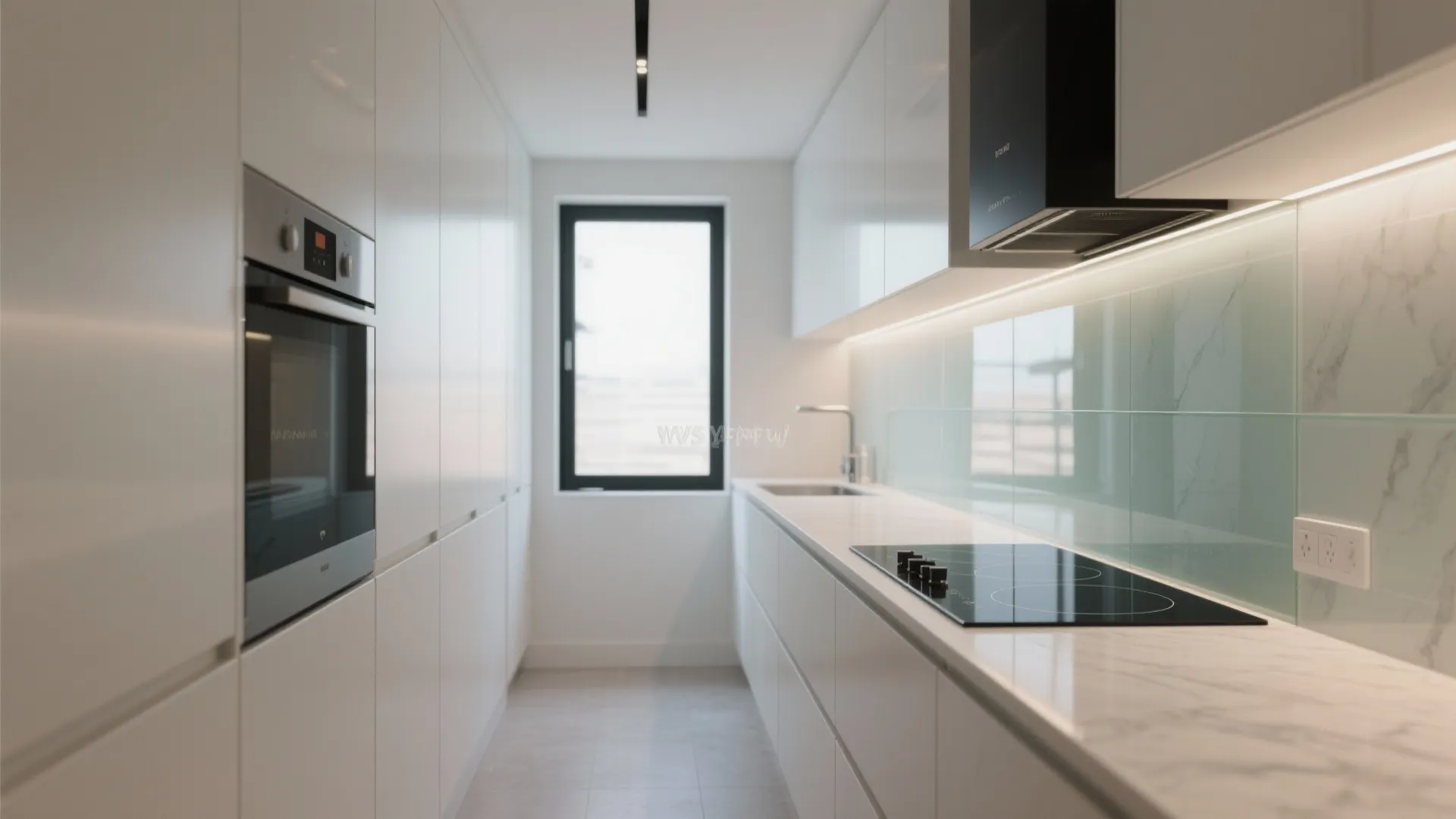 Glass backsplash for a brighter galley