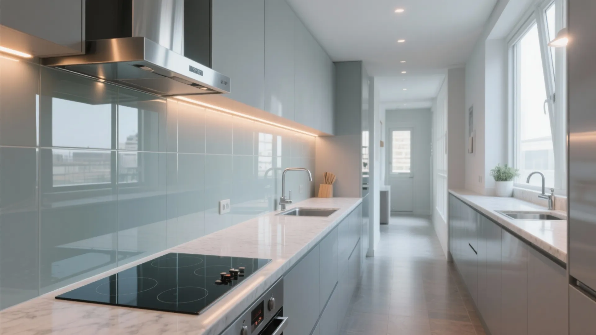 Glass backsplash for light and easy cleaning