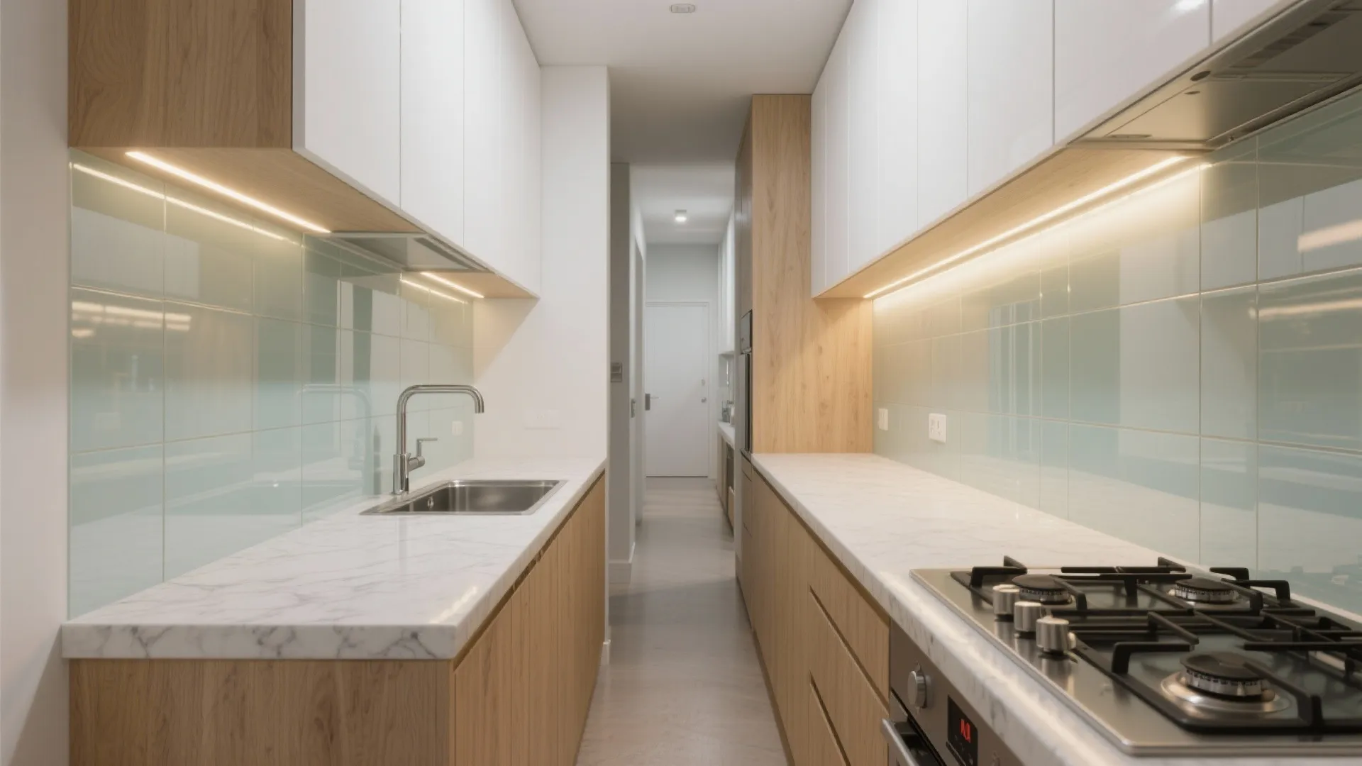 Modern narrow galley kitchen with light wood cabinets white marble counters and glass tile back wall