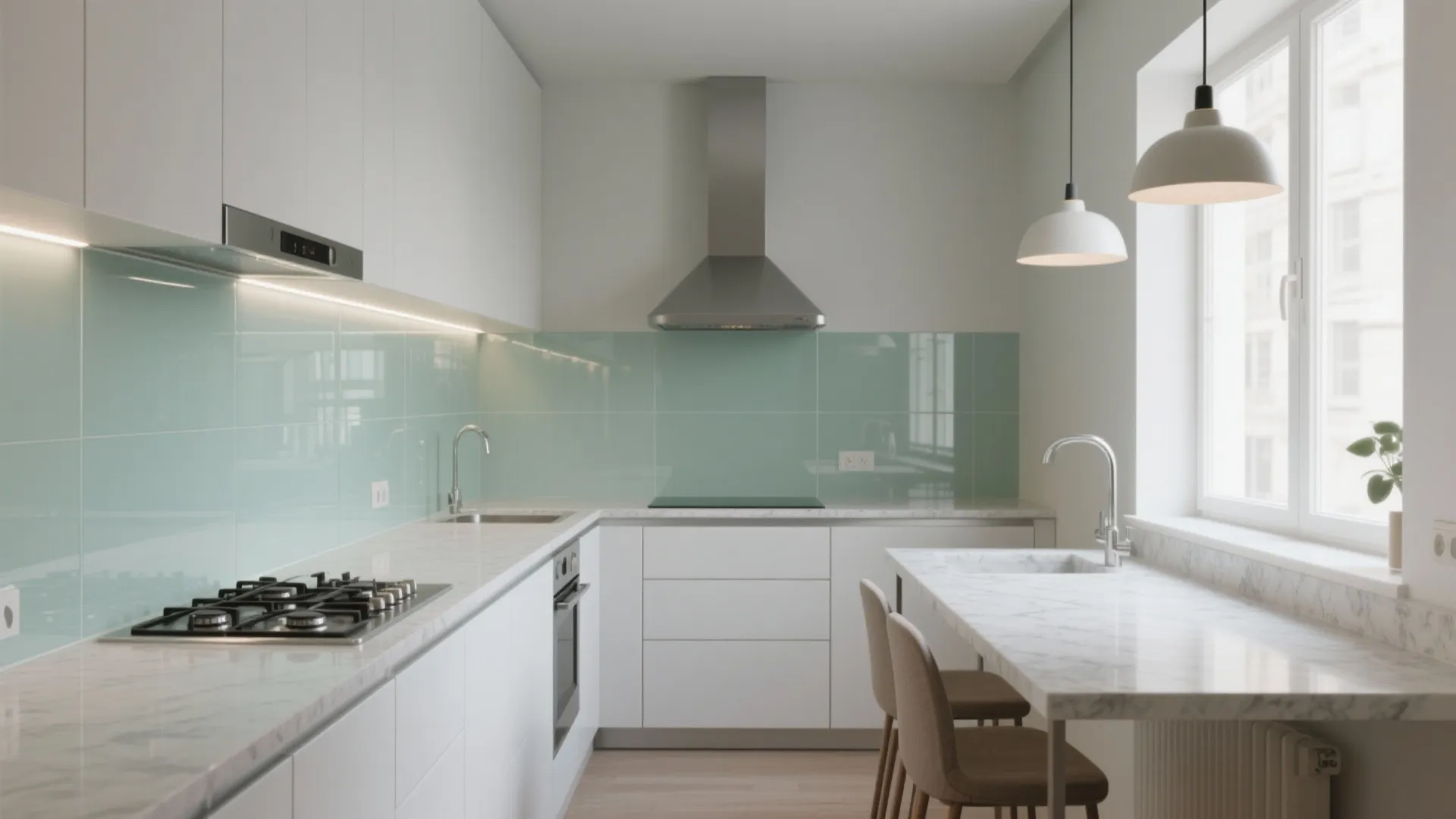 Glass backsplash for a brighter galley